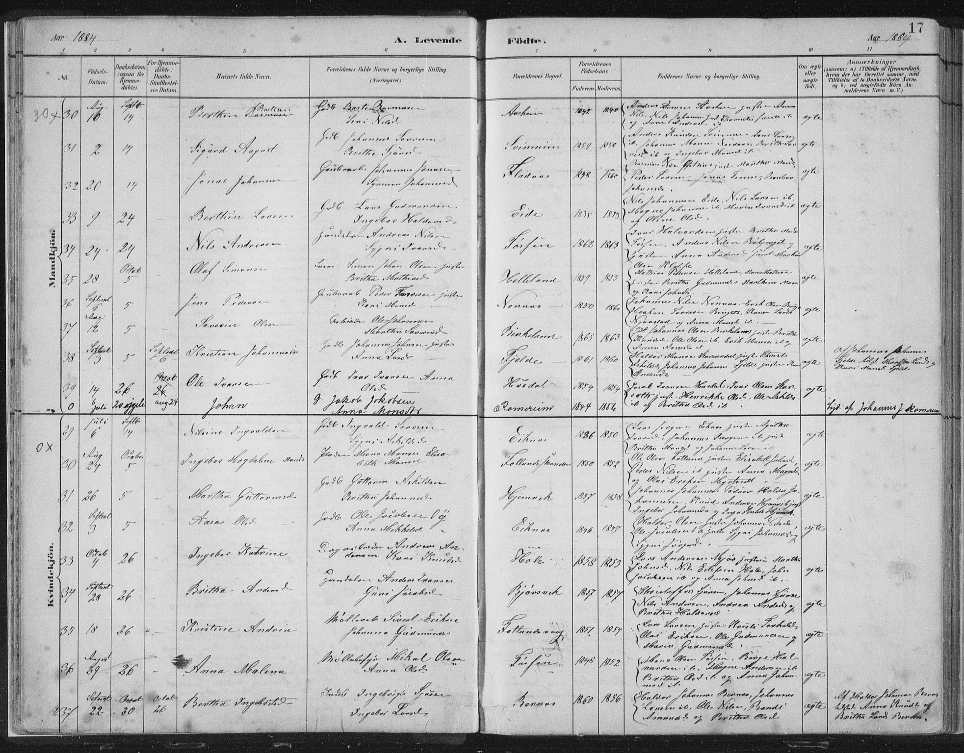 Hosanger sokneprestembete, SAB/A-75801/H/Hab: Parish register (copy) no. A 3 I, 1882-1903, p. 17
