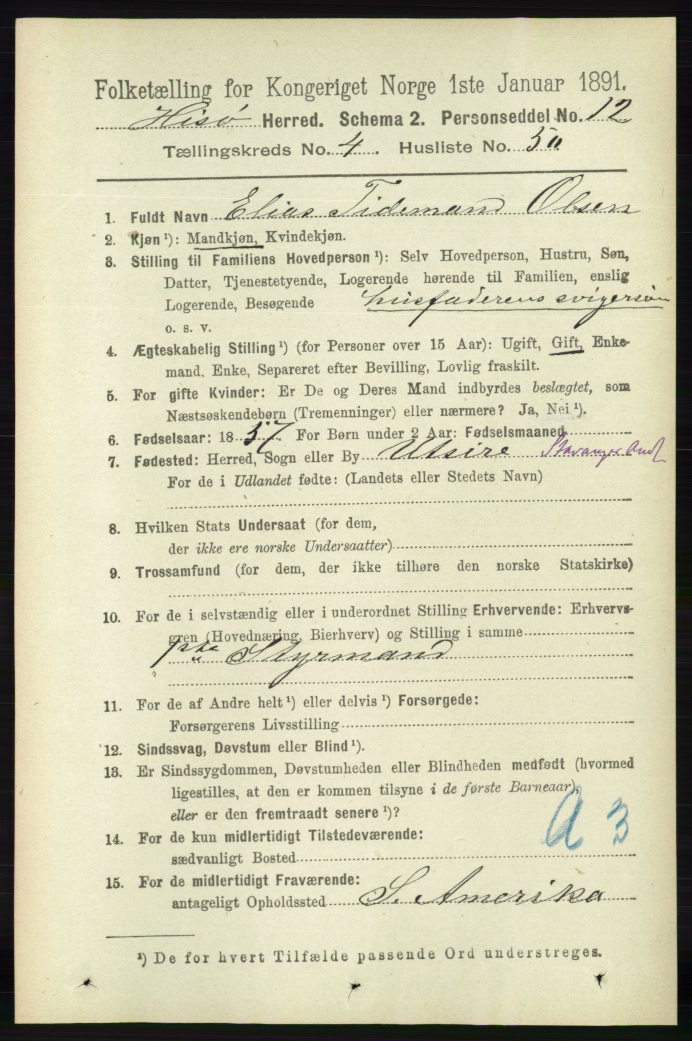 RA, 1891 census for 0922 Hisøy, 1891, p. 3612