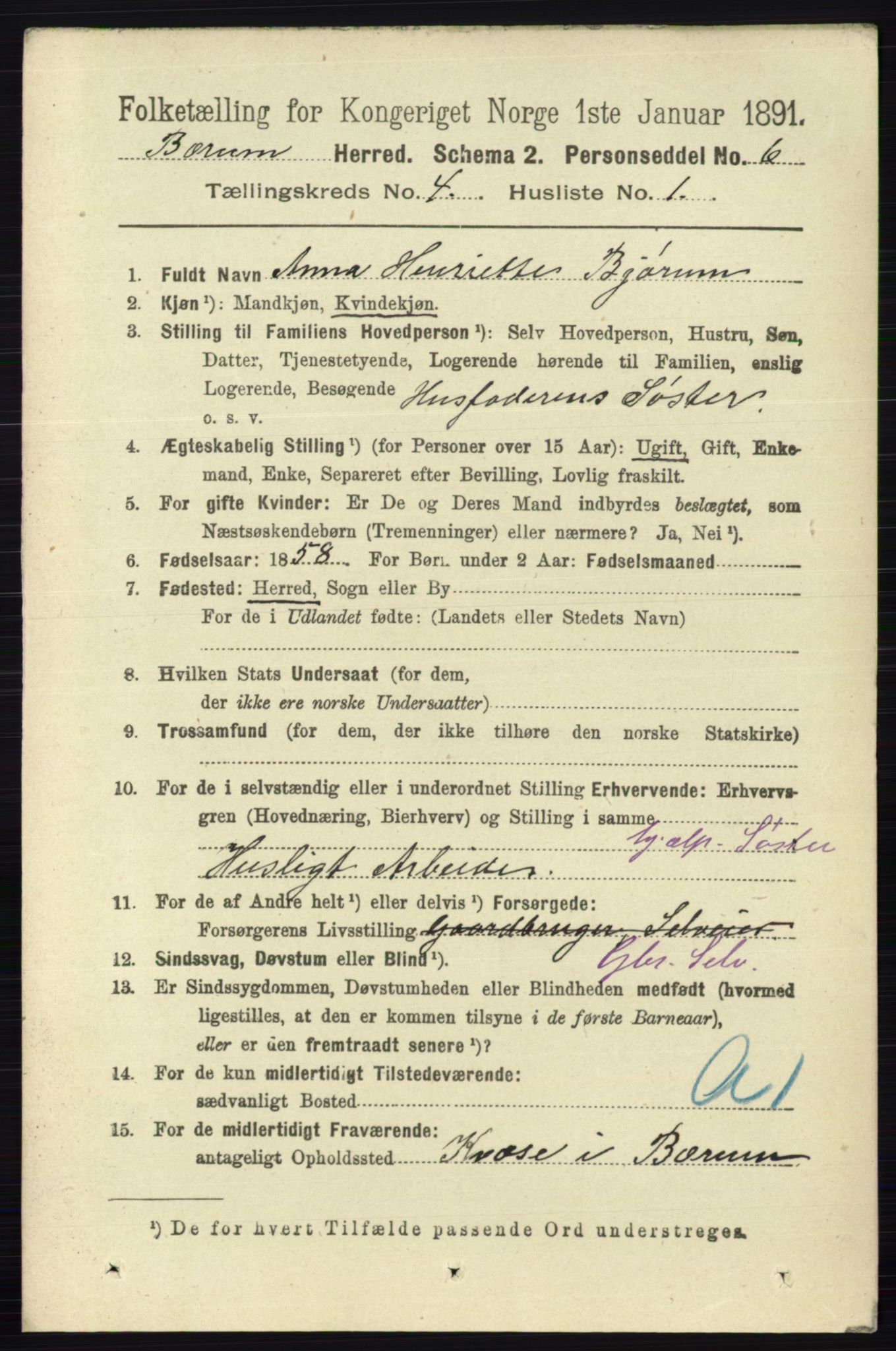 RA, 1891 census for 0219 Bærum, 1891, p. 2491