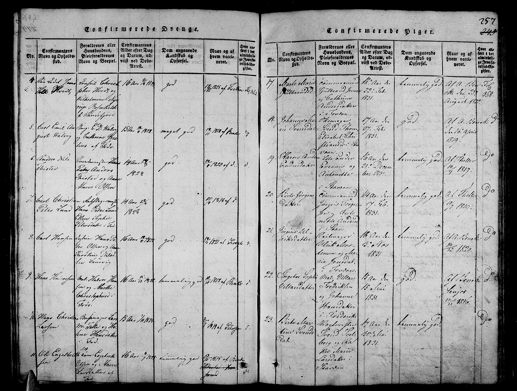 Stavern kirkebøker, SAKO/A-318/G/Ga/L0001: Parish register (copy) no. 1, 1817-1841, p. 257