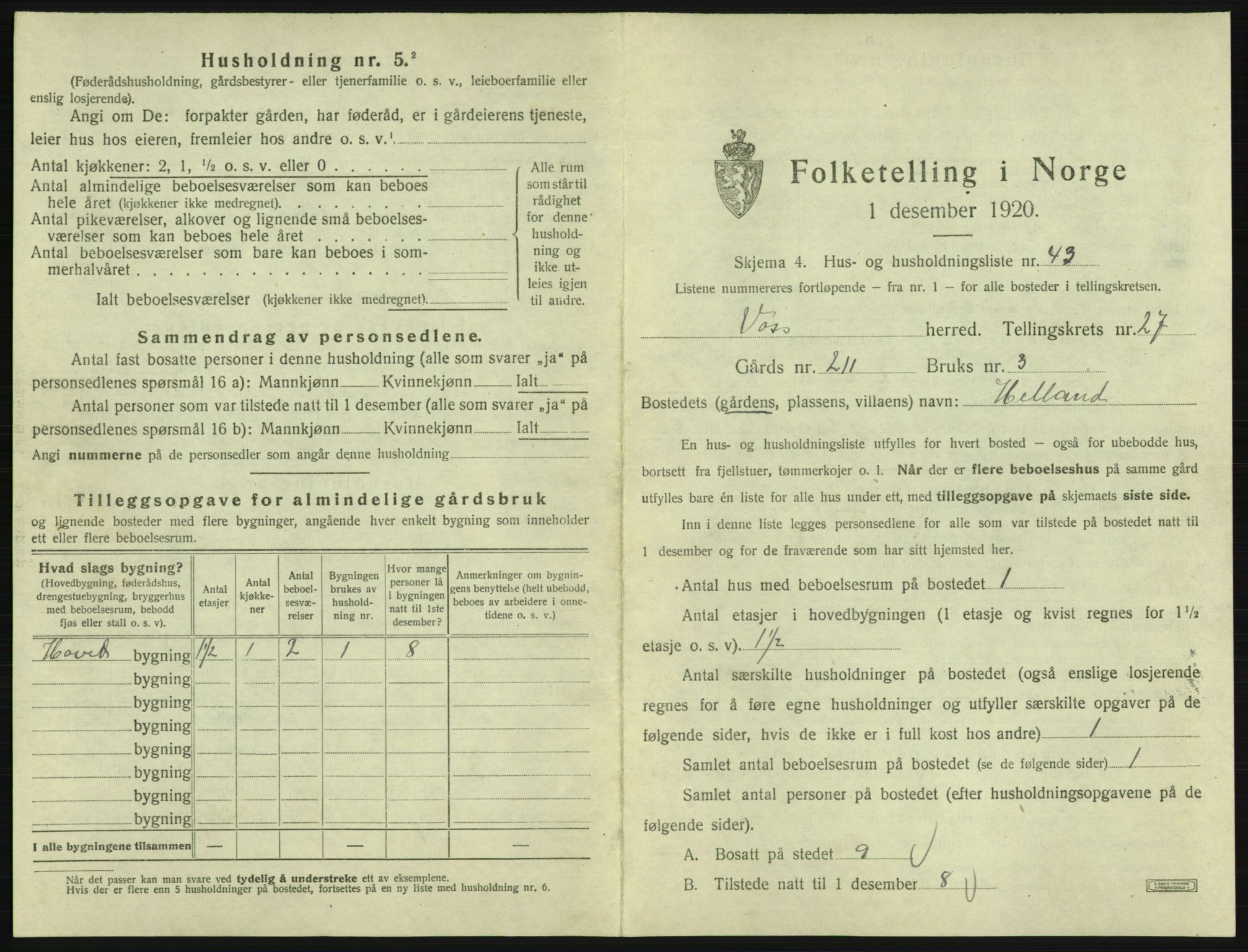 SAB, 1920 census for Voss, 1920, p. 2497