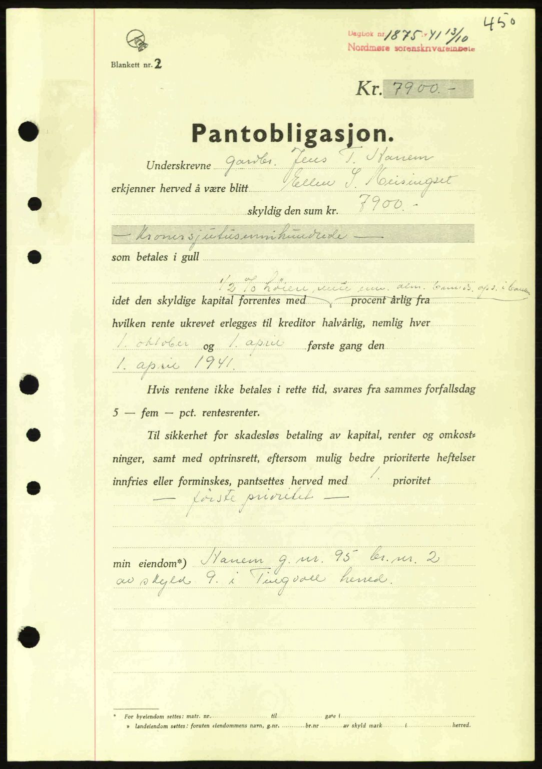 Nordmøre sorenskriveri, SAT/A-4132/1/2/2Ca: Mortgage book no. B88, 1941-1942, Diary no: : 1875/1941