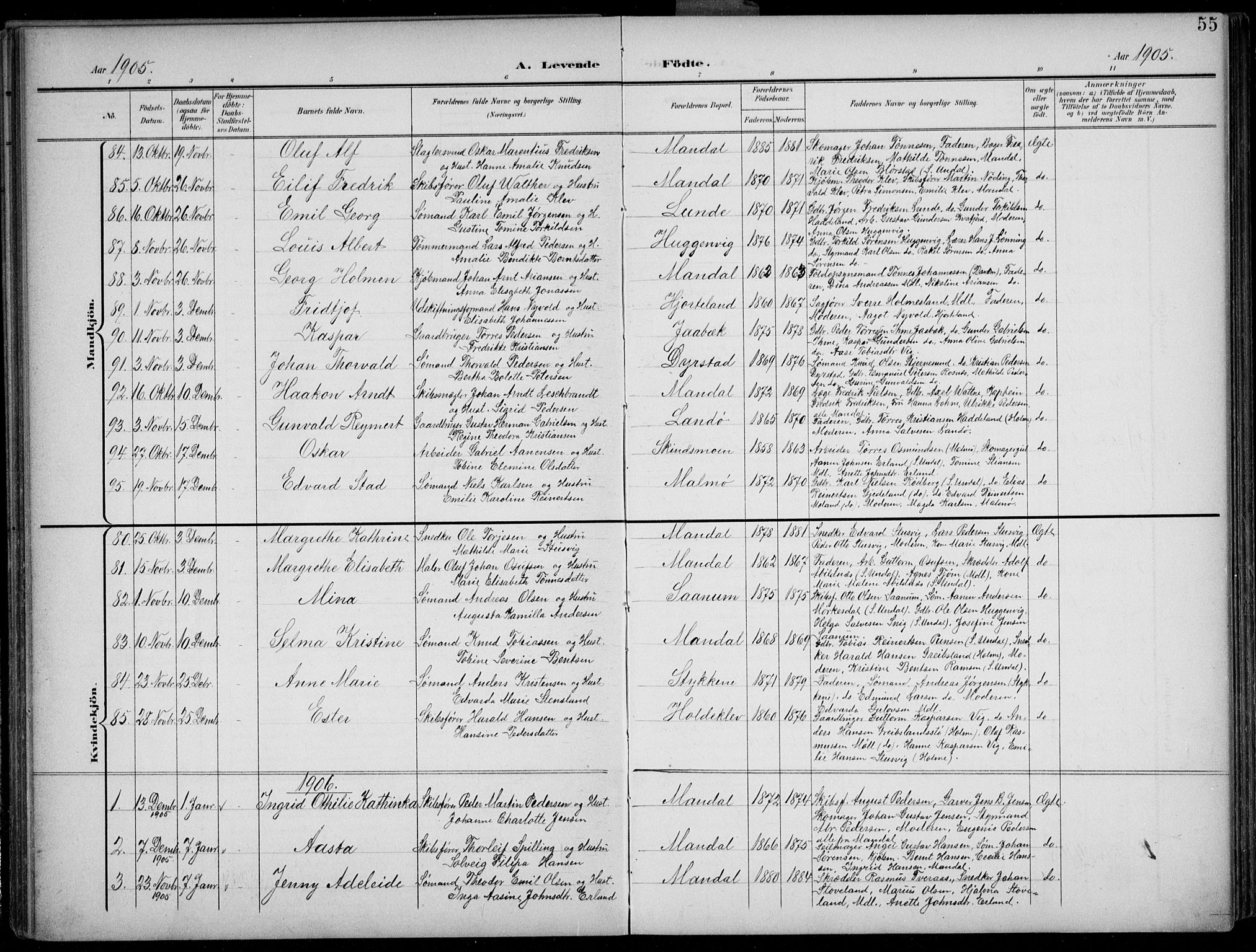 Mandal sokneprestkontor, AV/SAK-1111-0030/F/Fb/Fba/L0012: Parish register (copy) no. B 6, 1899-1918, p. 55