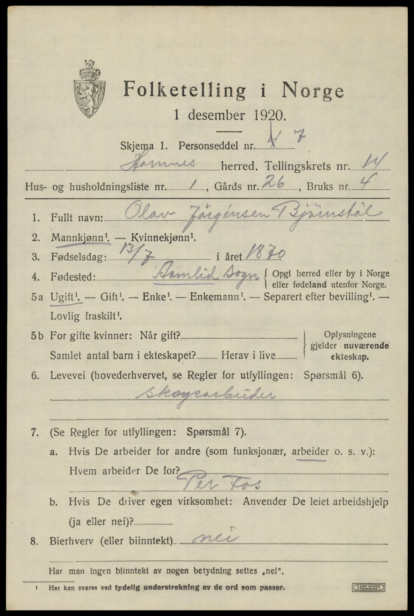 SAK, 1920 census for Hornnes, 1920, p. 3279