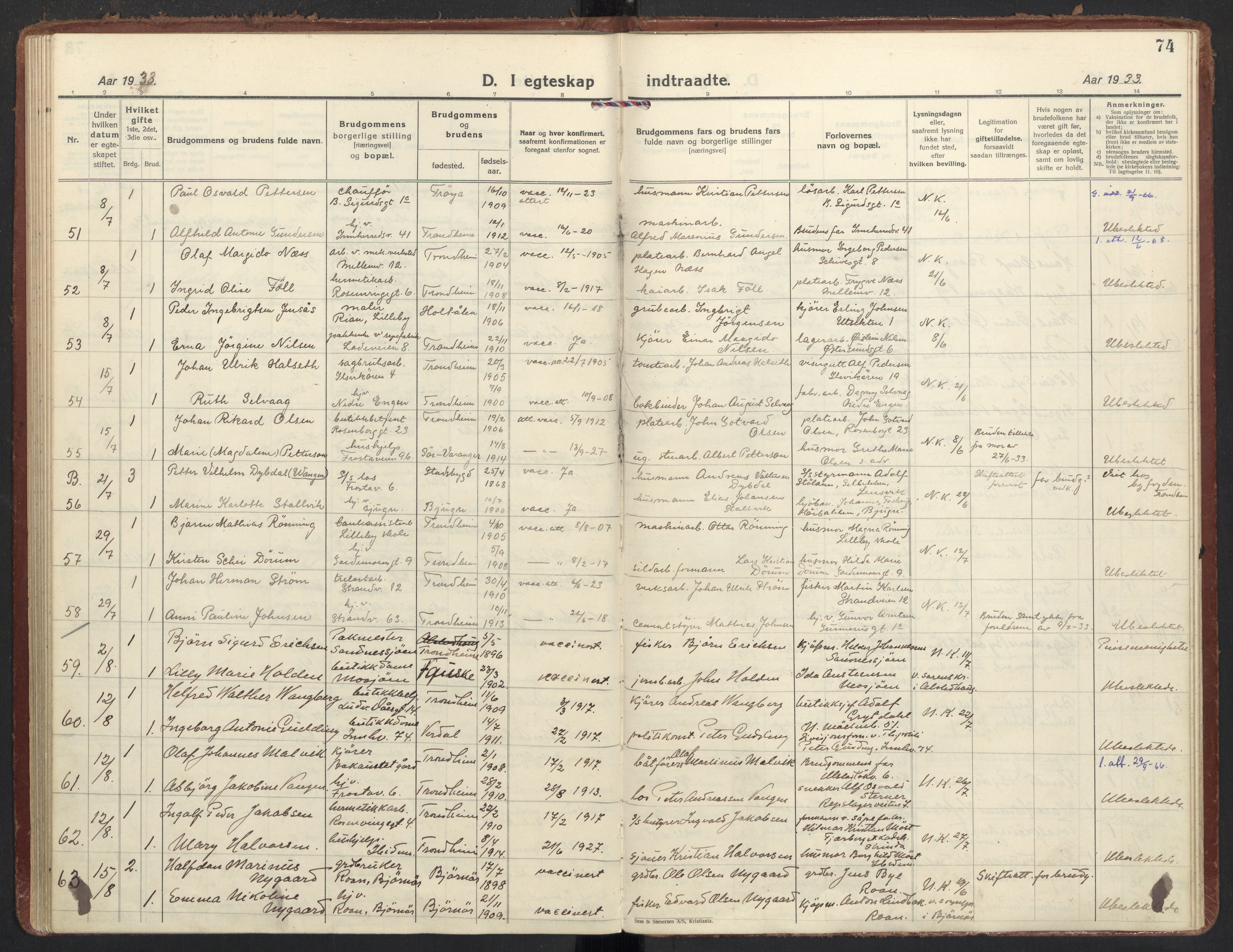 Ministerialprotokoller, klokkerbøker og fødselsregistre - Sør-Trøndelag, AV/SAT-A-1456/605/L0249: Parish register (official) no. 605A11, 1925-1936, p. 74