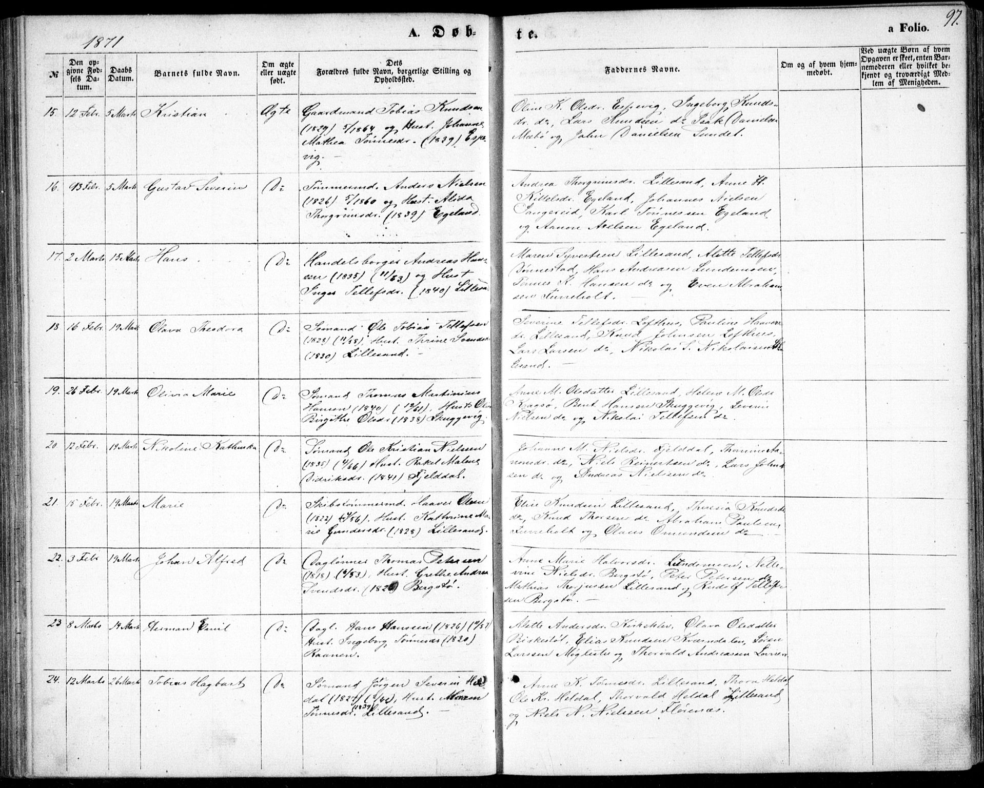 Vestre Moland sokneprestkontor, AV/SAK-1111-0046/F/Fb/Fbb/L0004: Parish register (copy) no. B 4, 1861-1872, p. 97