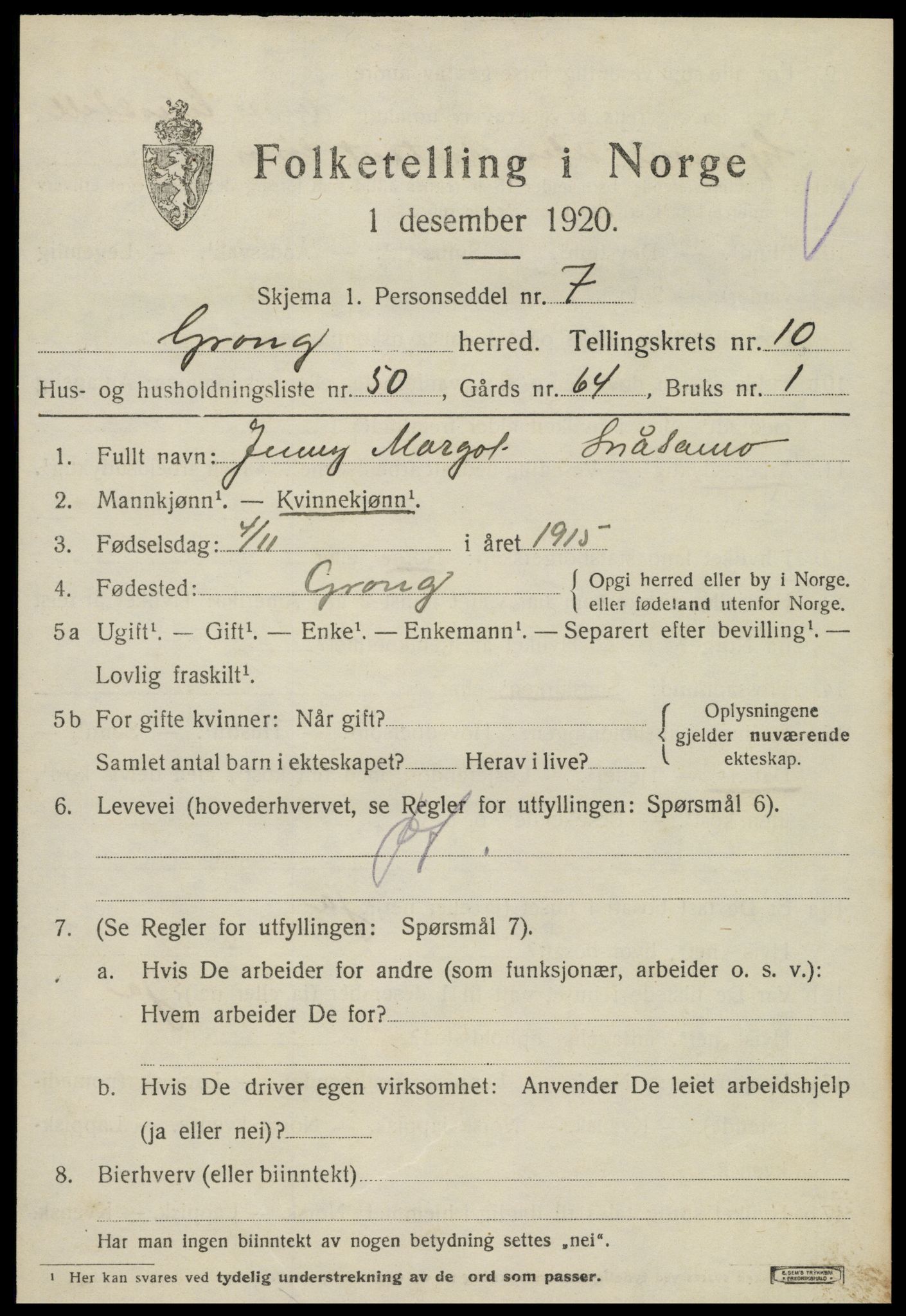 SAT, 1920 census for Grong, 1920, p. 6261