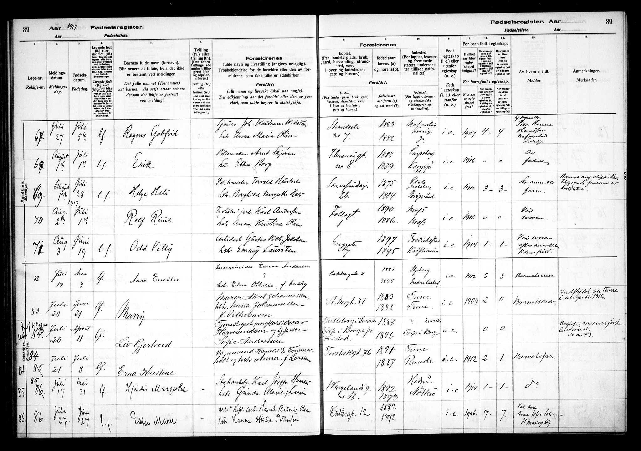 Sarpsborg prestekontor Kirkebøker, AV/SAO-A-2006/J/Ja/L0001: Birth register no. 1, 1916-1922, p. 39