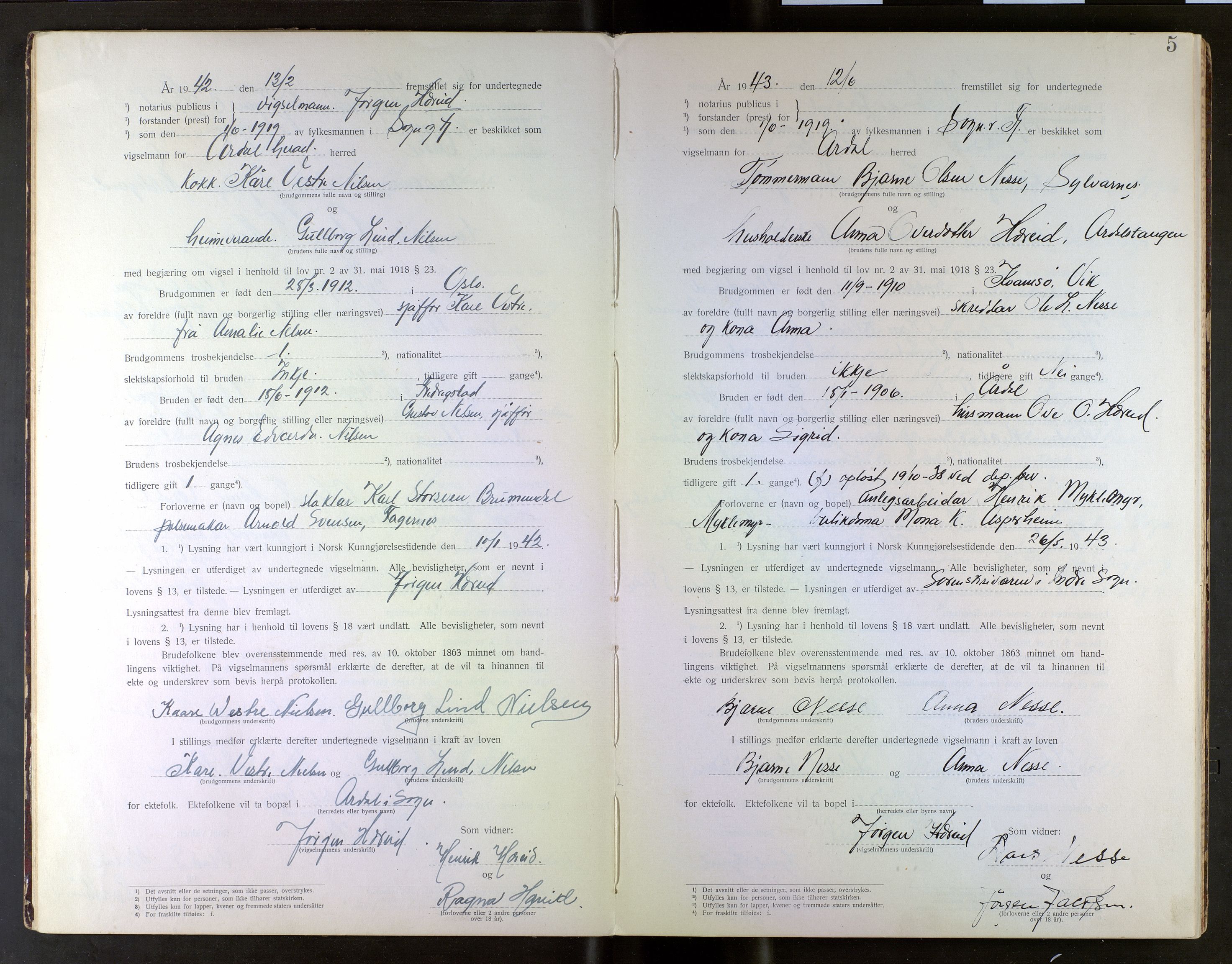 Indre Sogn tingrett, AV/SAB-A-3301/1/L/La/Lab/L0001: Vigselsbok Årdal, 1920-1969, p. 5