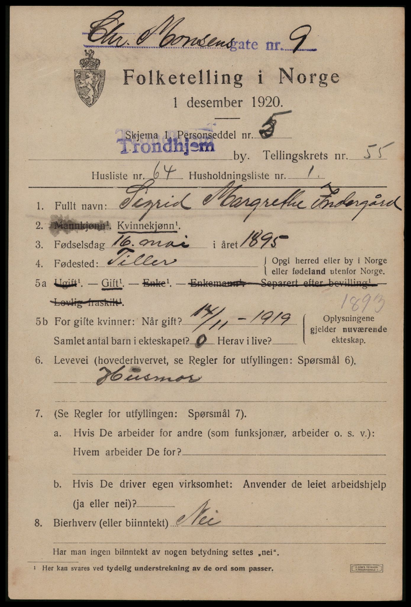 SAT, 1920 census for Trondheim, 1920, p. 113366