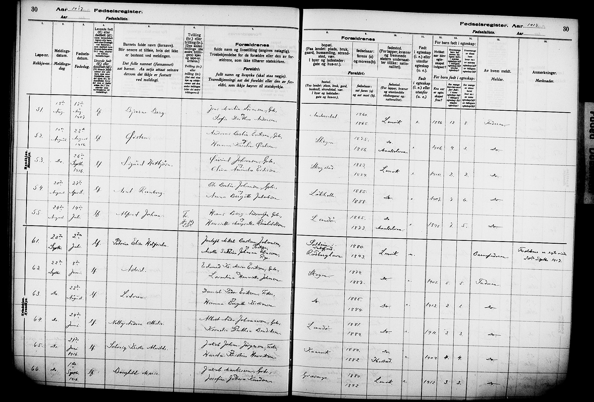 Lenvik sokneprestembete, AV/SATØ-S-1310/I/Ic/L0089: Birth register no. 89, 1916-1926, p. 30