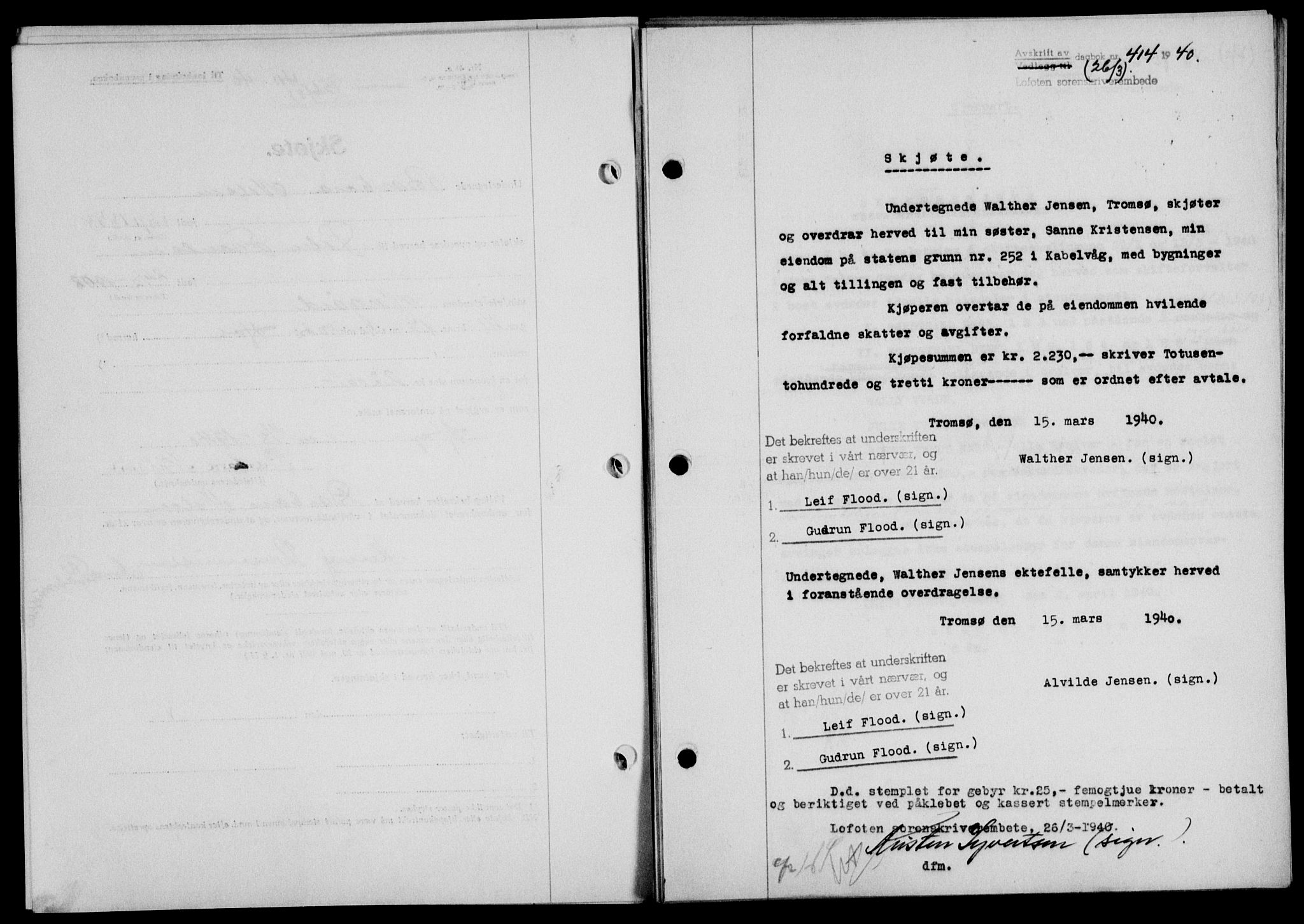 Lofoten sorenskriveri, SAT/A-0017/1/2/2C/L0007a: Mortgage book no. 7a, 1939-1940, Diary no: : 414/1940