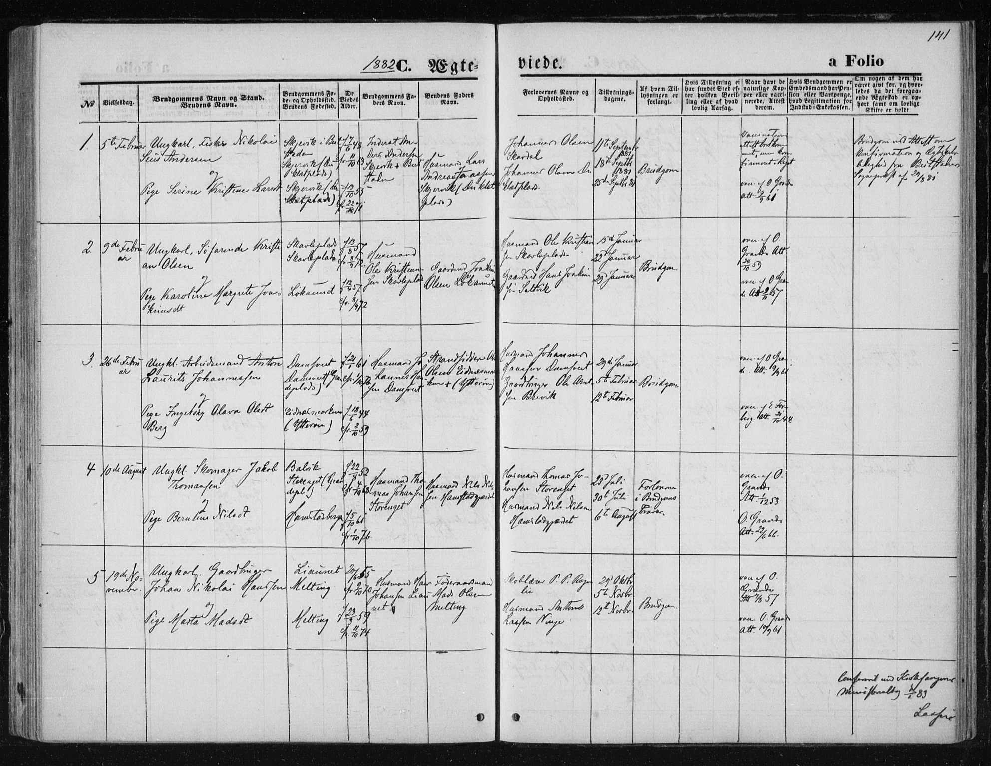 Ministerialprotokoller, klokkerbøker og fødselsregistre - Nord-Trøndelag, SAT/A-1458/733/L0324: Parish register (official) no. 733A03, 1870-1883, p. 141