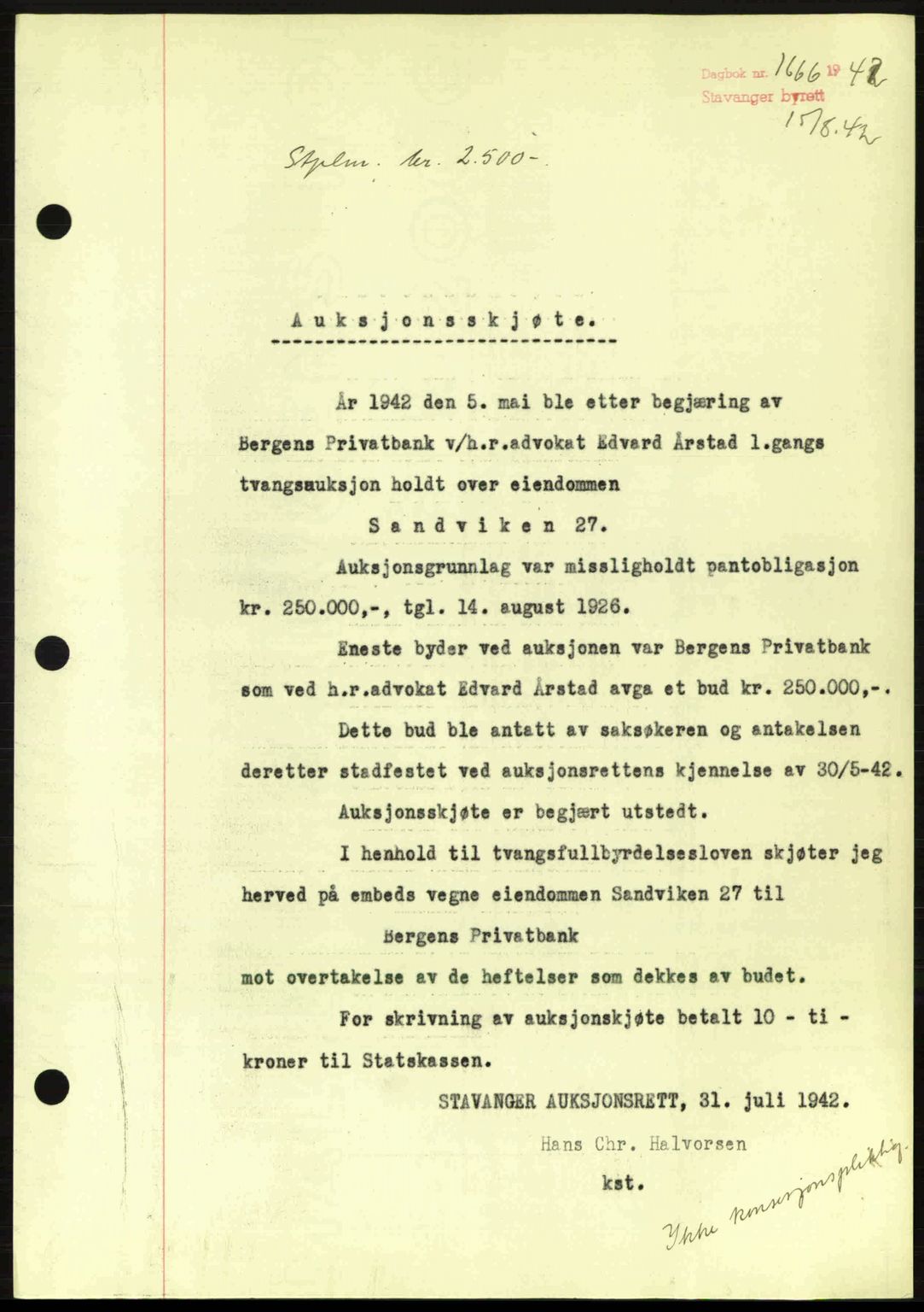 Stavanger byrett, SAST/A-100455/002/G/Gb/L0017: Mortgage book no. A7, 1941-1943, Diary no: : 1666/1942