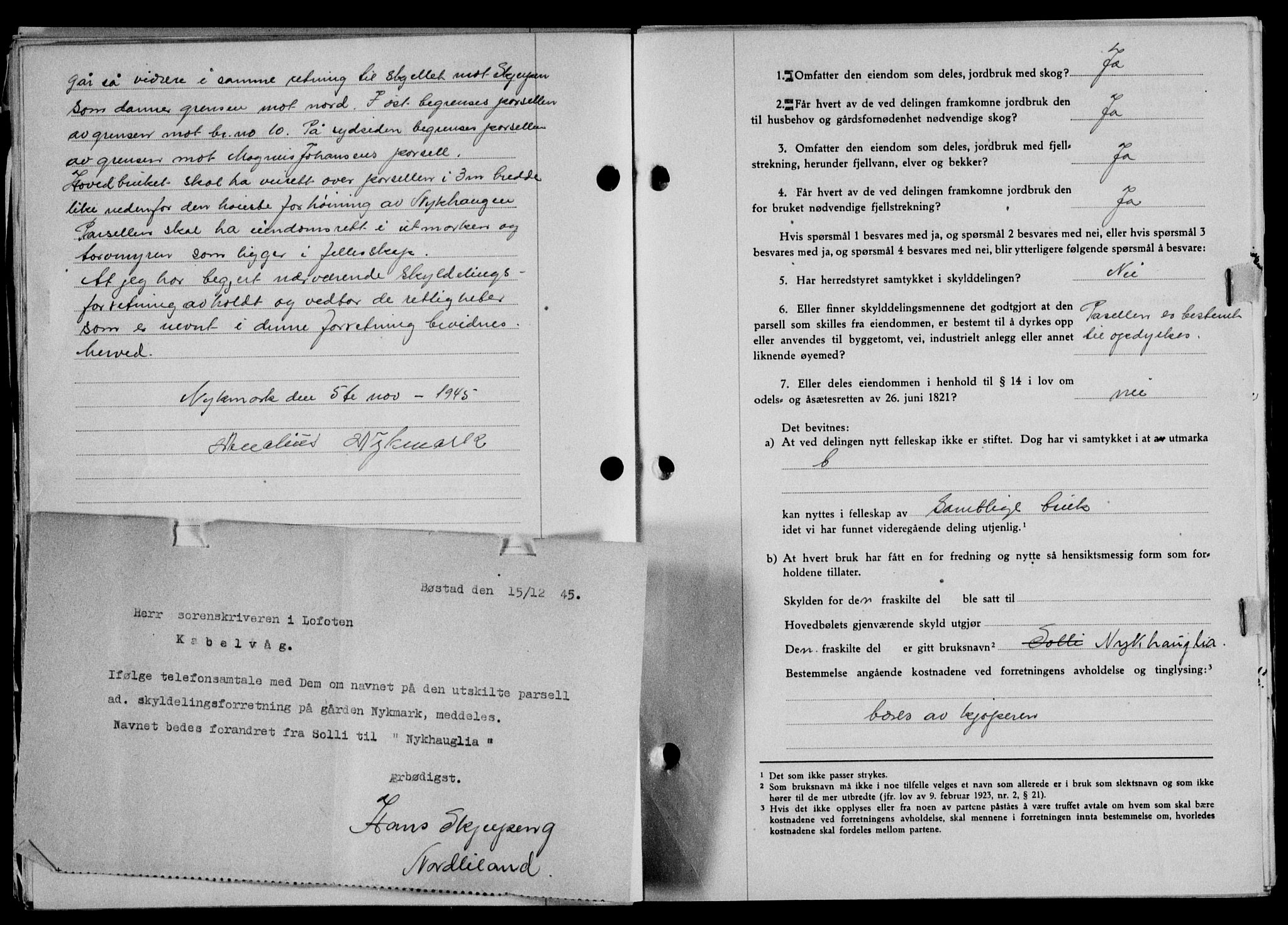Lofoten sorenskriveri, SAT/A-0017/1/2/2C/L0013a: Mortgage book no. 13a, 1944-1946, Diary no: : 1098/1945