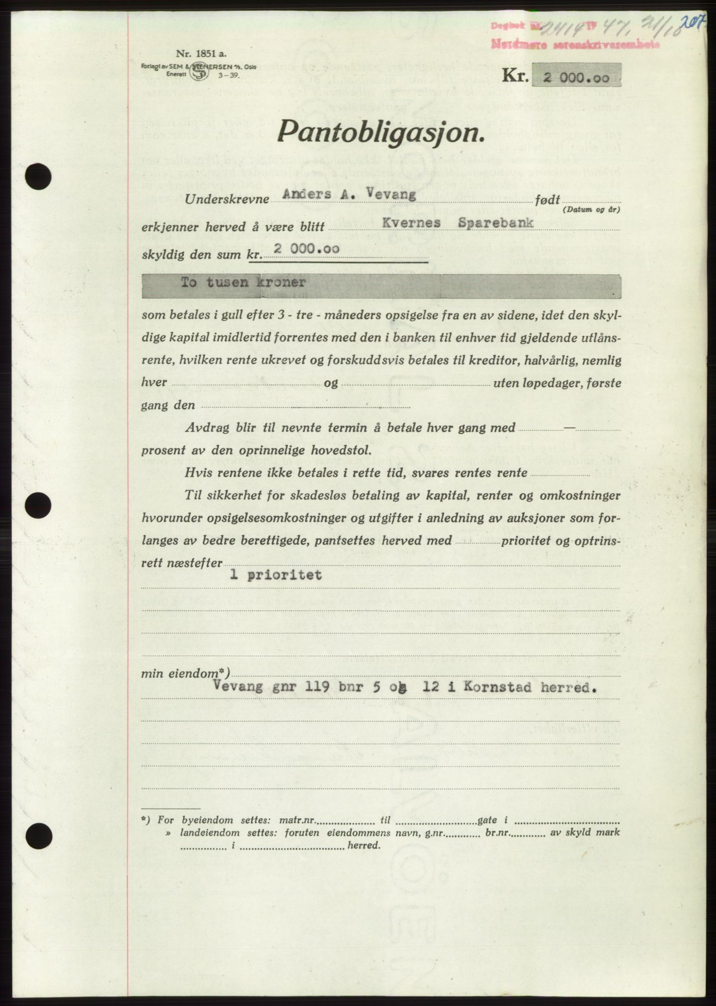 Nordmøre sorenskriveri, AV/SAT-A-4132/1/2/2Ca: Mortgage book no. B97, 1947-1948, Diary no: : 2414/1947