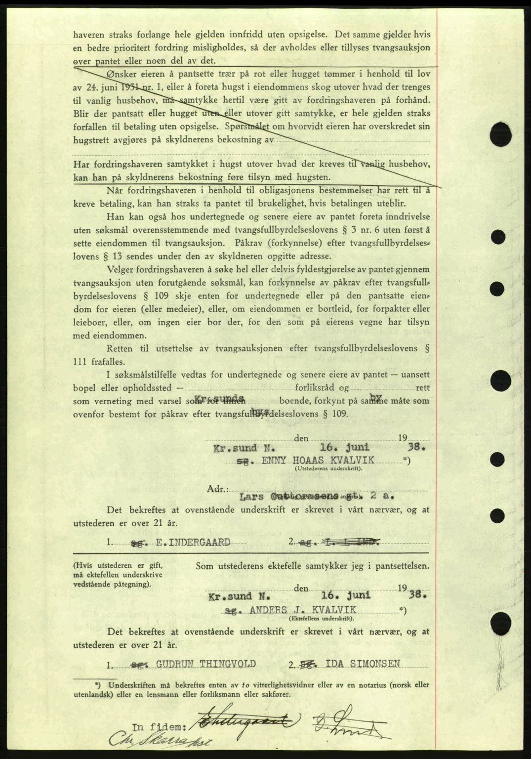 Kristiansund byfogd, SAT/A-4587/A/27: Mortgage book no. 31, 1938-1939, Diary no: : 451/1938