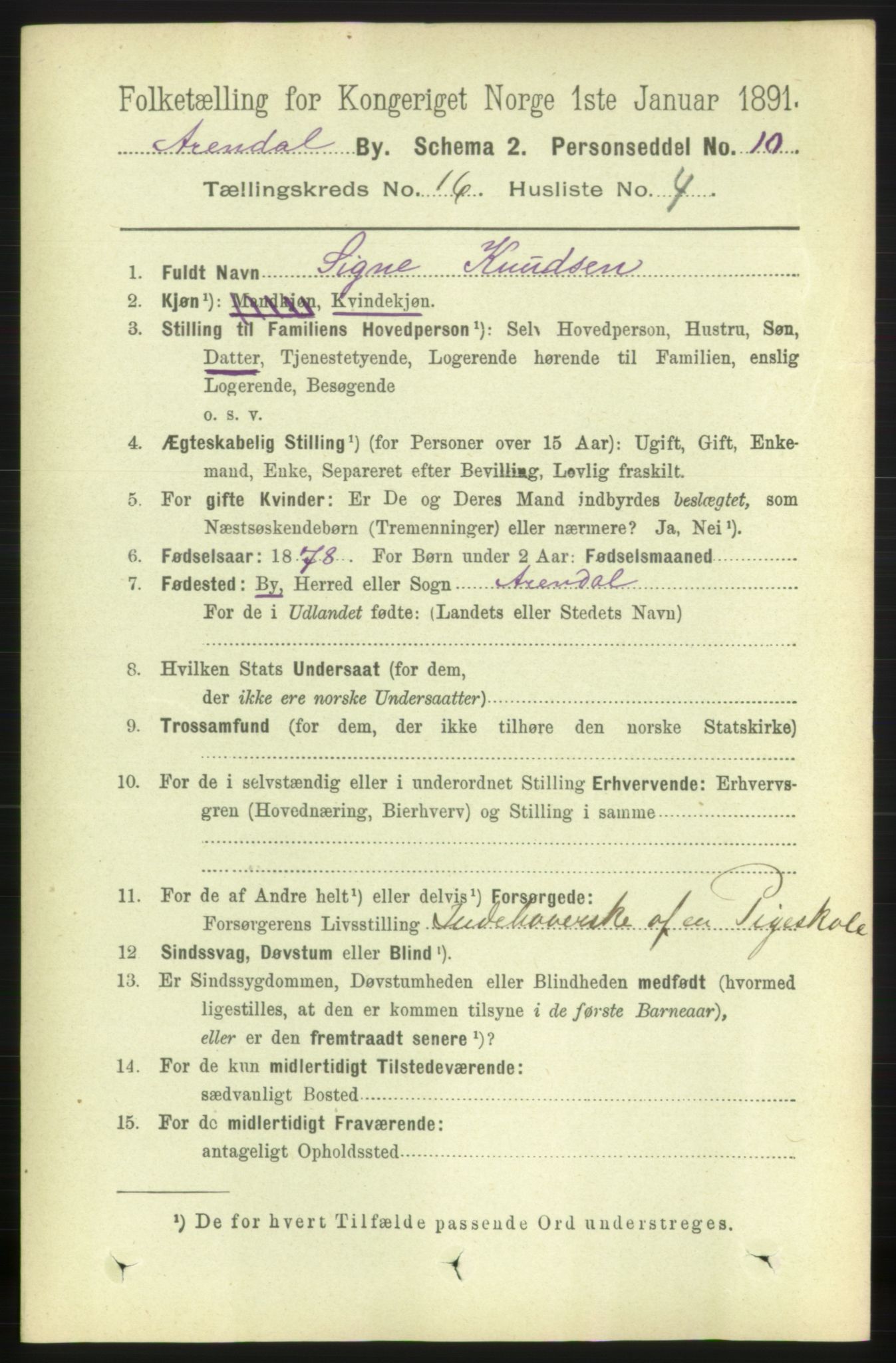 RA, 1891 census for 0903 Arendal, 1891, p. 5396