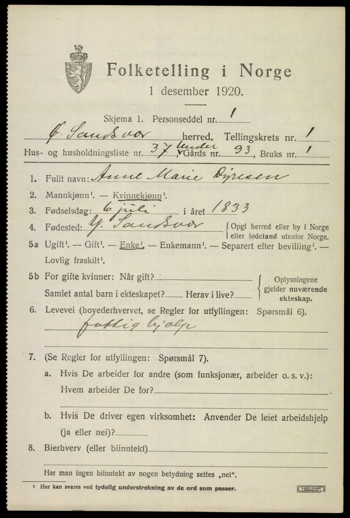 SAKO, 1920 census for Øvre Sandsvær, 1920, p. 1374