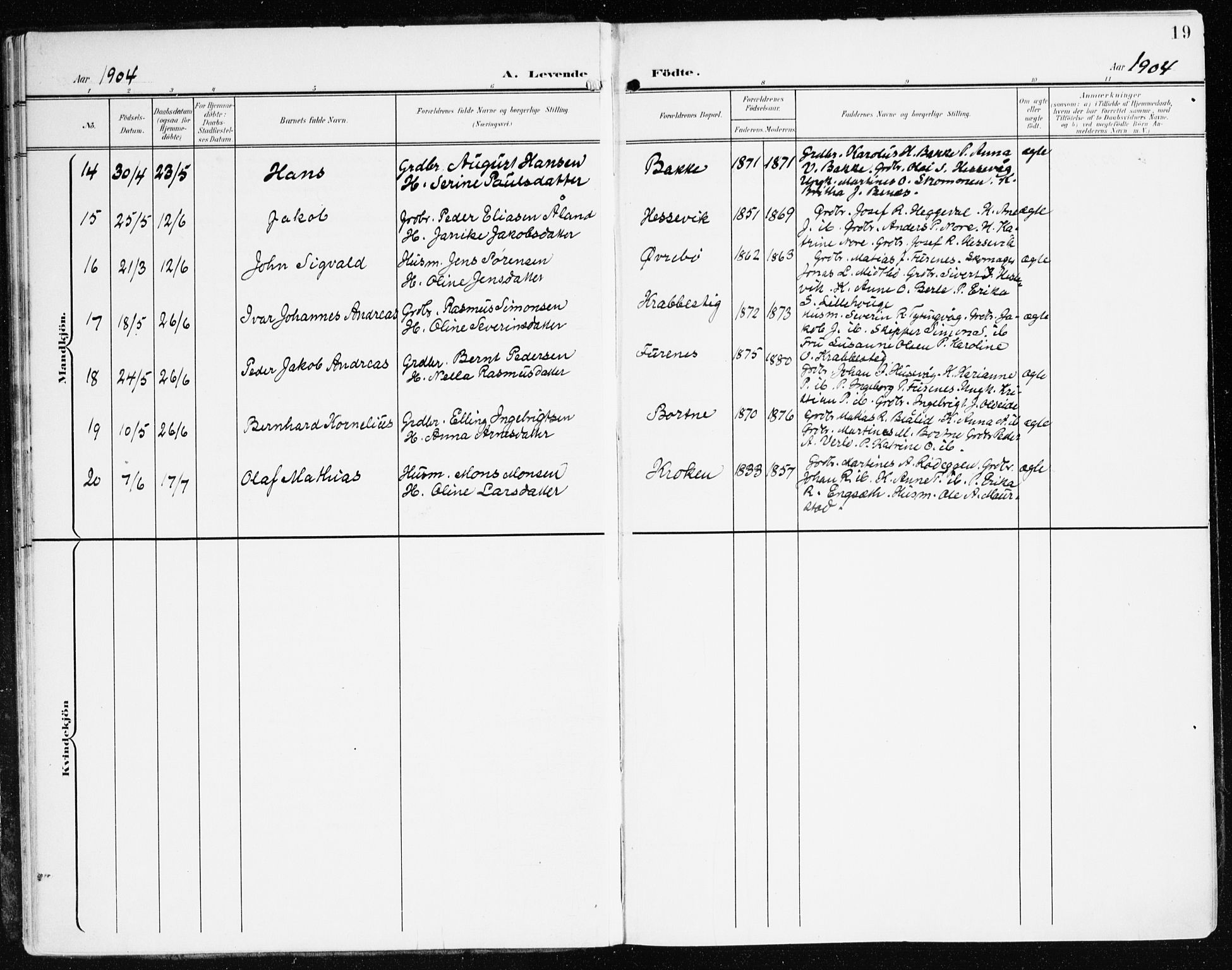 Davik sokneprestembete, AV/SAB-A-79701/H/Haa/Haad/L0002: Parish register (official) no. D 2, 1901-1930, p. 19