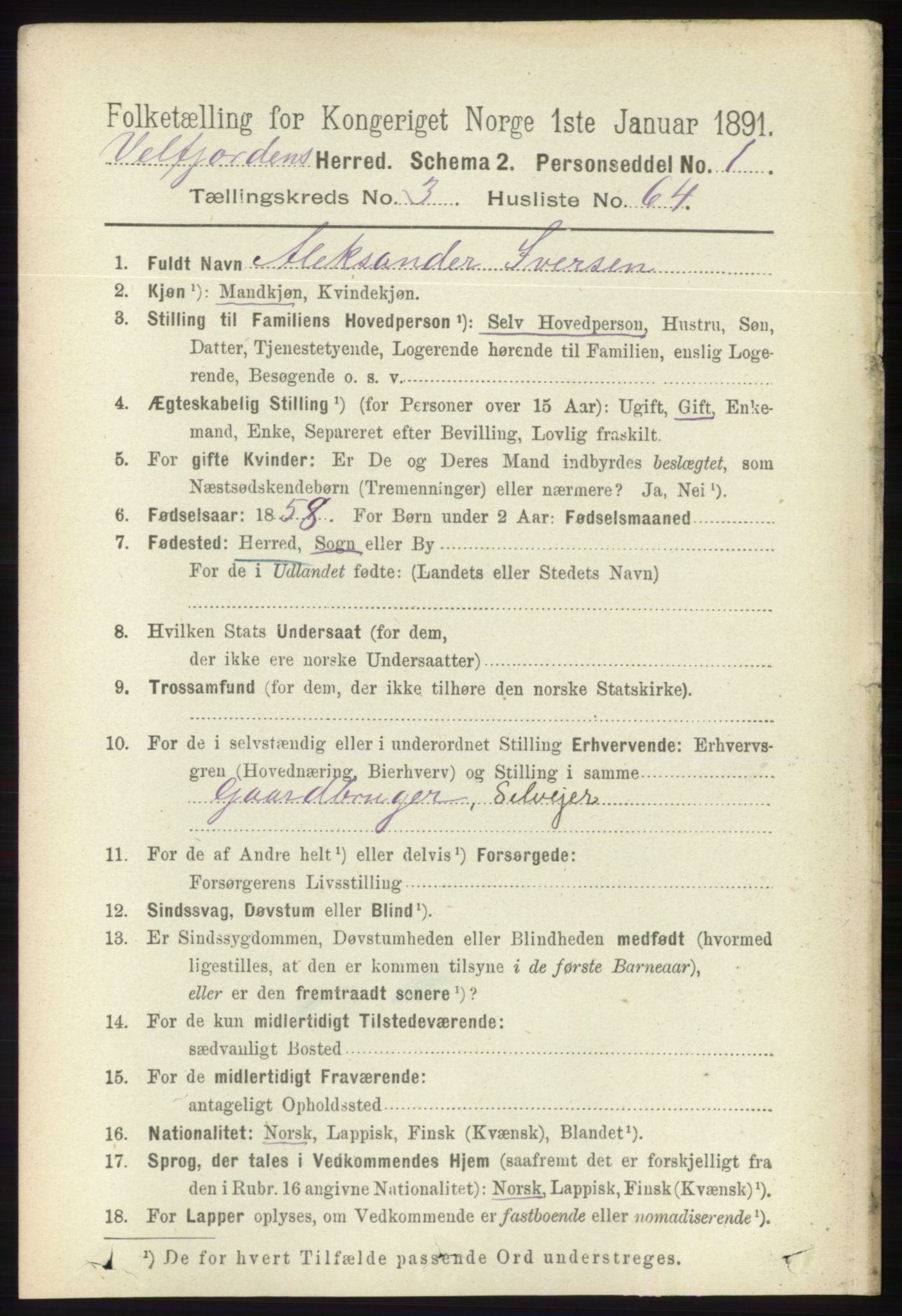 RA, 1891 census for 1813 Velfjord, 1891, p. 1458