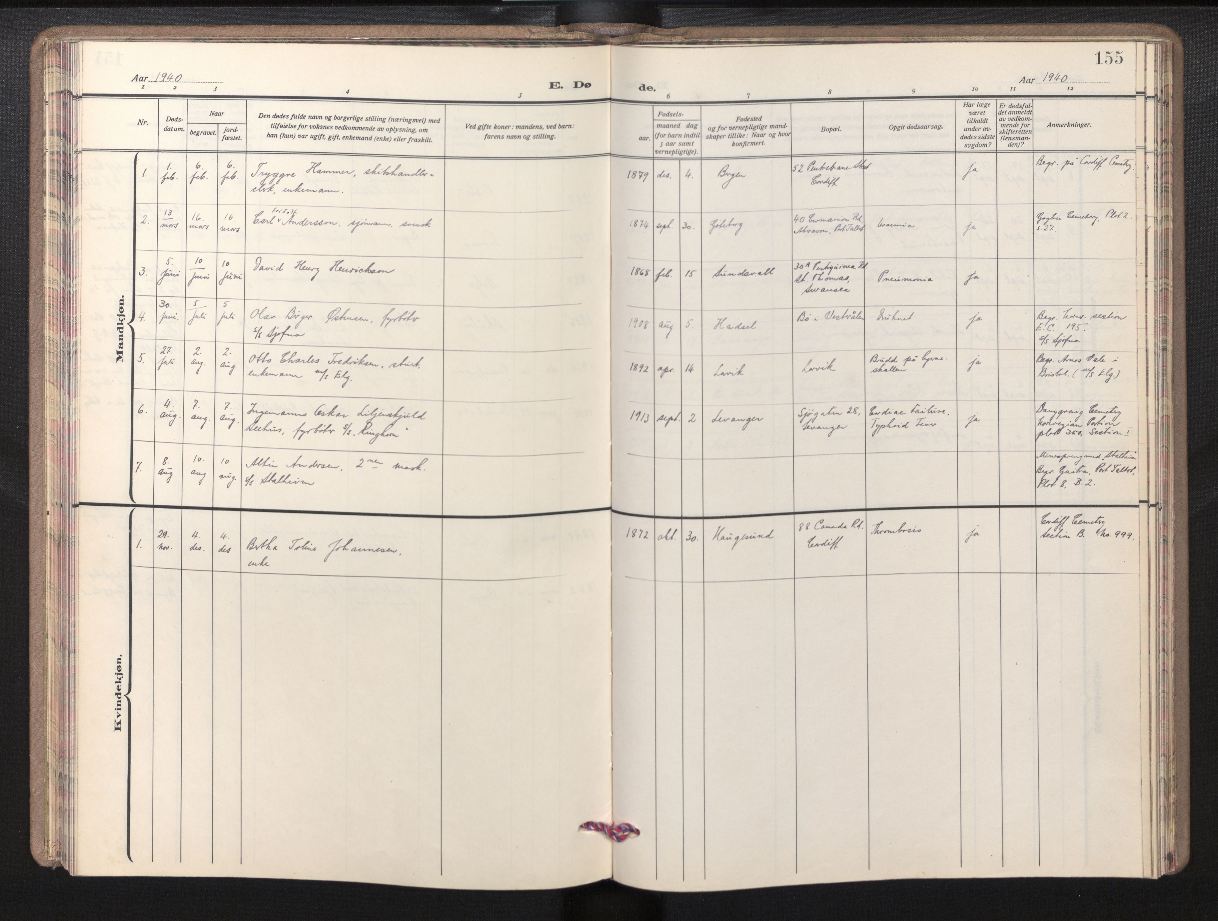 Den norske sjømannsmisjon i utlandet/Bristolhavnene(Cardiff-Swansea), SAB/SAB/PA-0102/H/Ha/Haa/L0003: Parish register (official) no. A 3, 1932-1966, p. 154b-155a