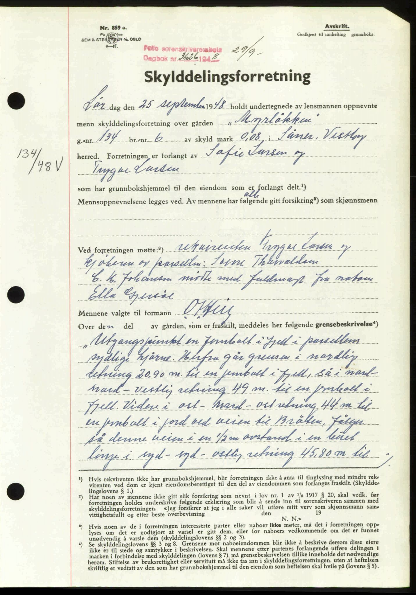 Follo sorenskriveri, SAO/A-10274/G/Ga/Gaa/L0085: Mortgage book no. I 85, 1948-1948, Diary no: : 3626/1948