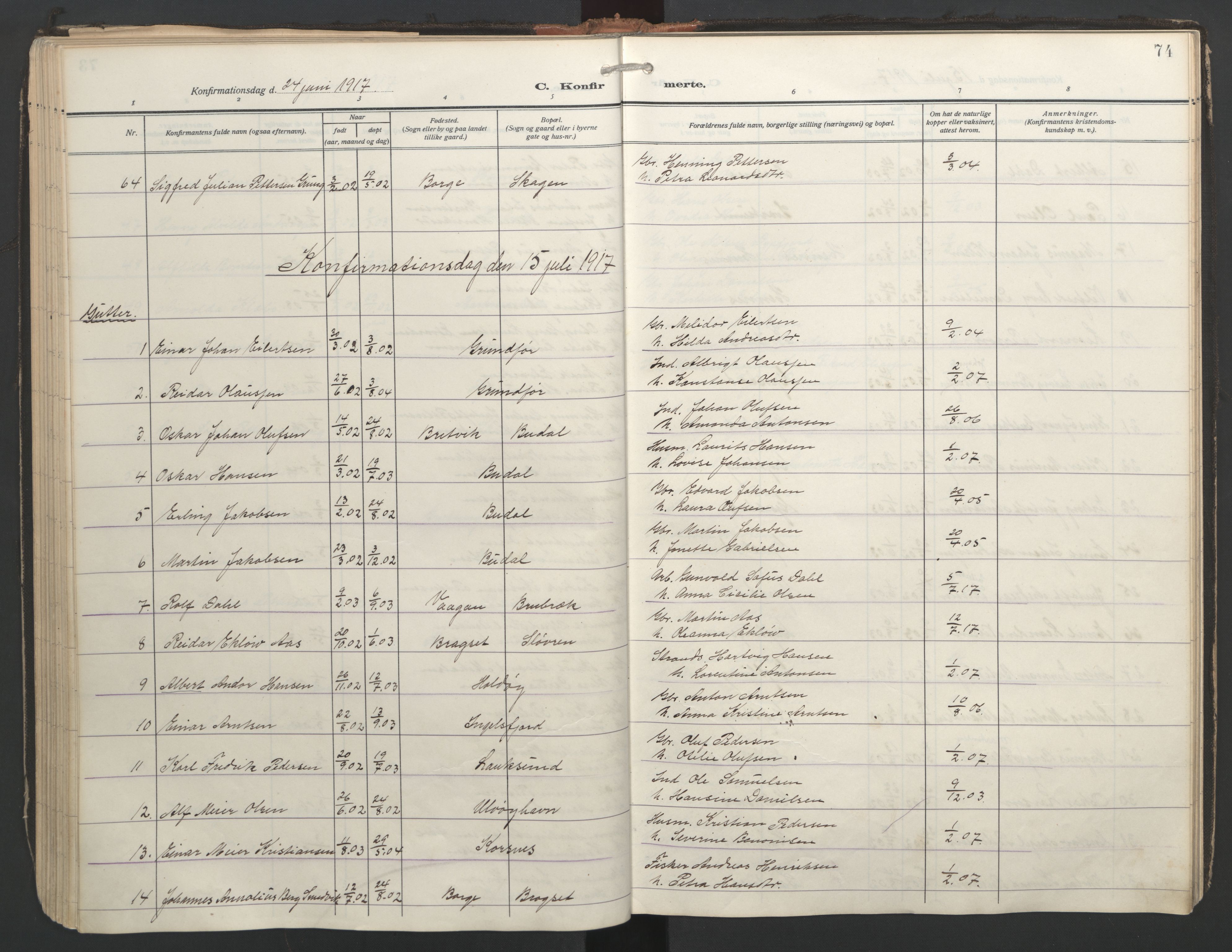 Ministerialprotokoller, klokkerbøker og fødselsregistre - Nordland, AV/SAT-A-1459/888/L1249: Parish register (official) no. 888A15, 1911-1929, p. 74