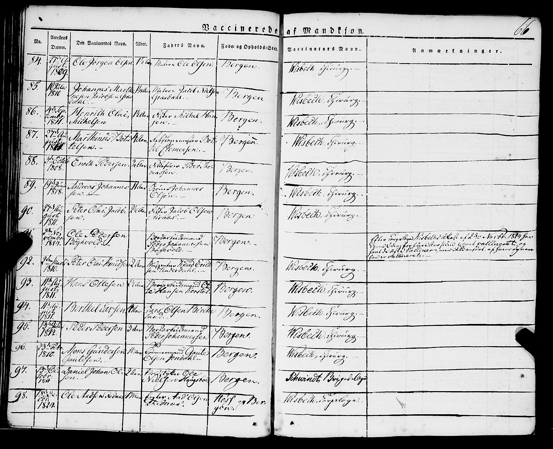 Korskirken sokneprestembete, AV/SAB-A-76101/H/Haa/L0050: Parish register (official) no. F 1, 1821-1869, p. 66