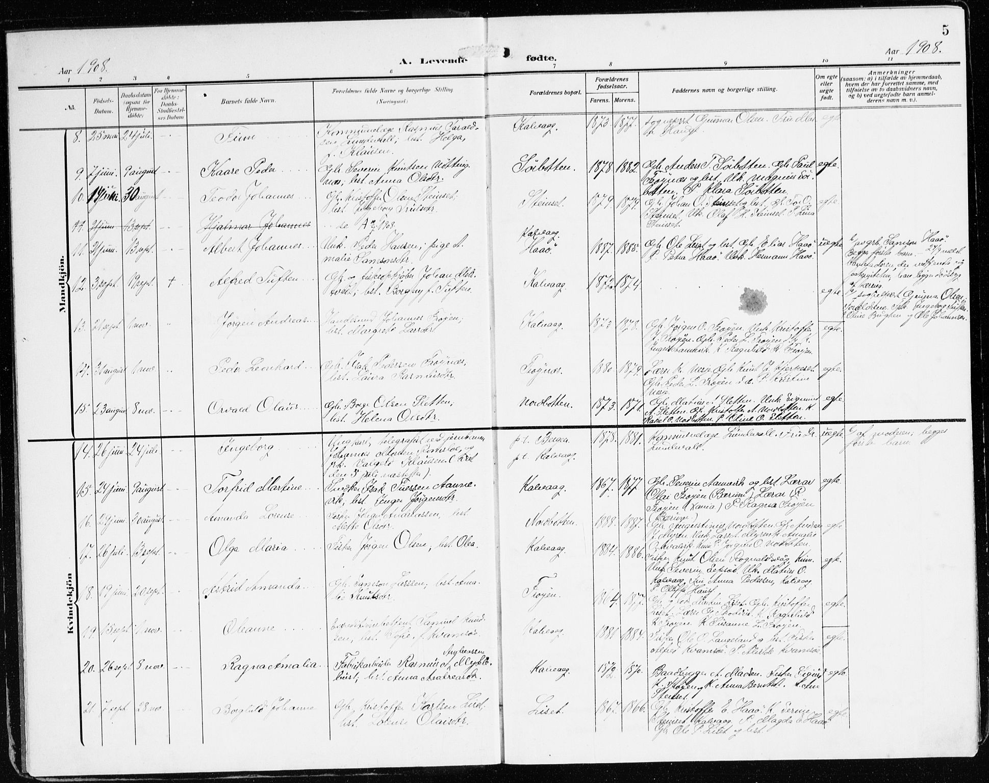 Bremanger sokneprestembete, SAB/A-82201/H/Haa/Haab/L0003: Parish register (official) no. B 3, 1908-1925, p. 5