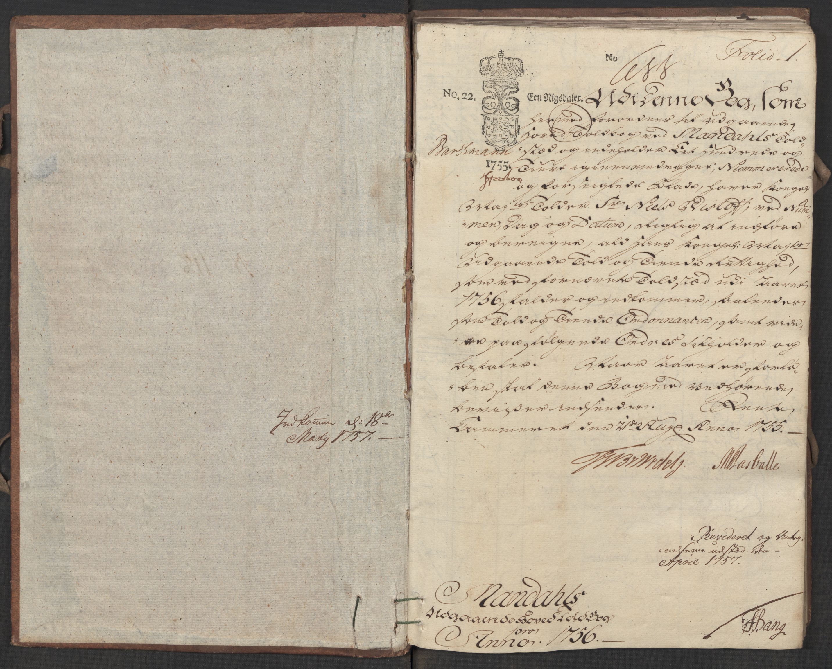 Generaltollkammeret, tollregnskaper, RA/EA-5490/R17/L0017/0002: Tollregnskaper Mandal / Utgående hovedtollbok, 1756, p. 1a