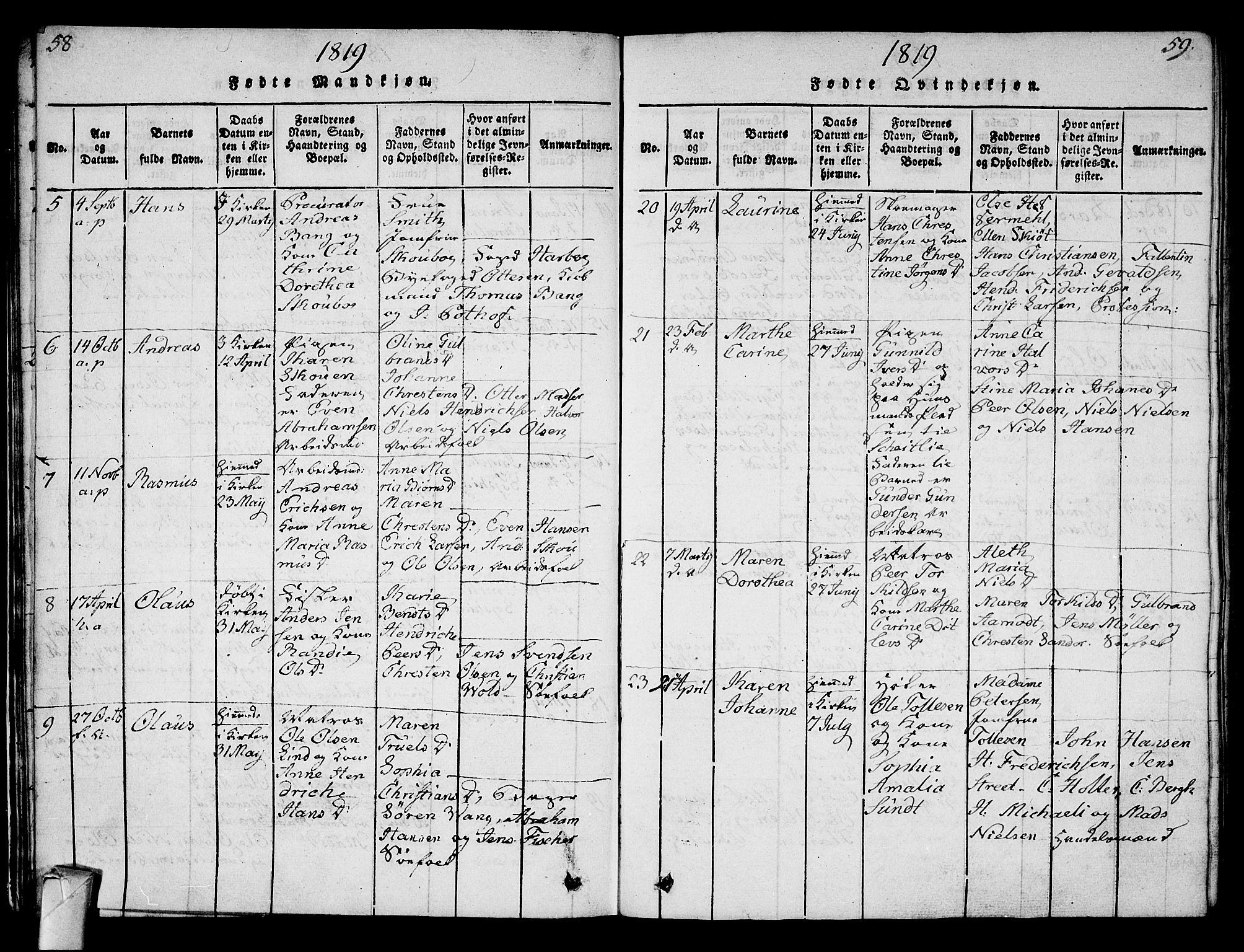 Strømsø kirkebøker, AV/SAKO-A-246/G/Ga/L0001: Parish register (copy) no. 1, 1815-1829, p. 58-59