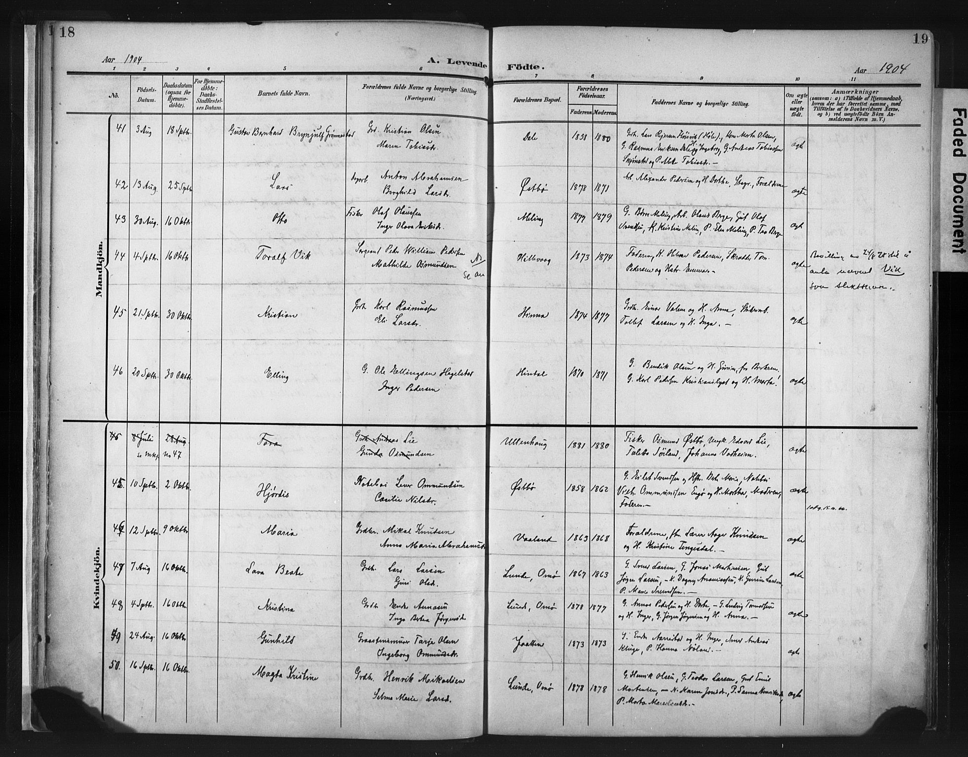 Hetland sokneprestkontor, AV/SAST-A-101826/30/30BA/L0013: Parish register (official) no. A 13, 1904-1918, p. 18-19