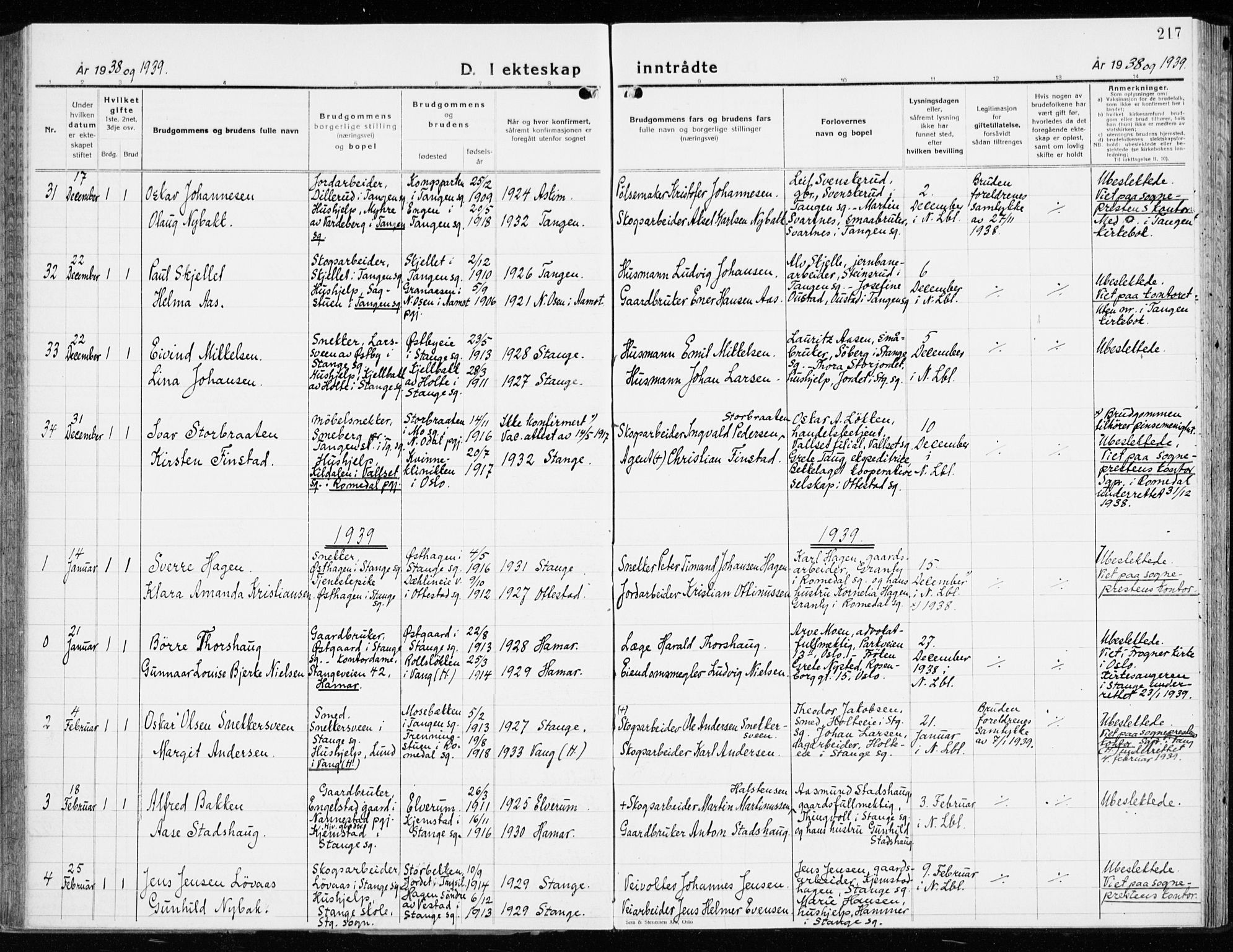 Stange prestekontor, SAH/PREST-002/K/L0027: Parish register (official) no. 27, 1937-1947, p. 217