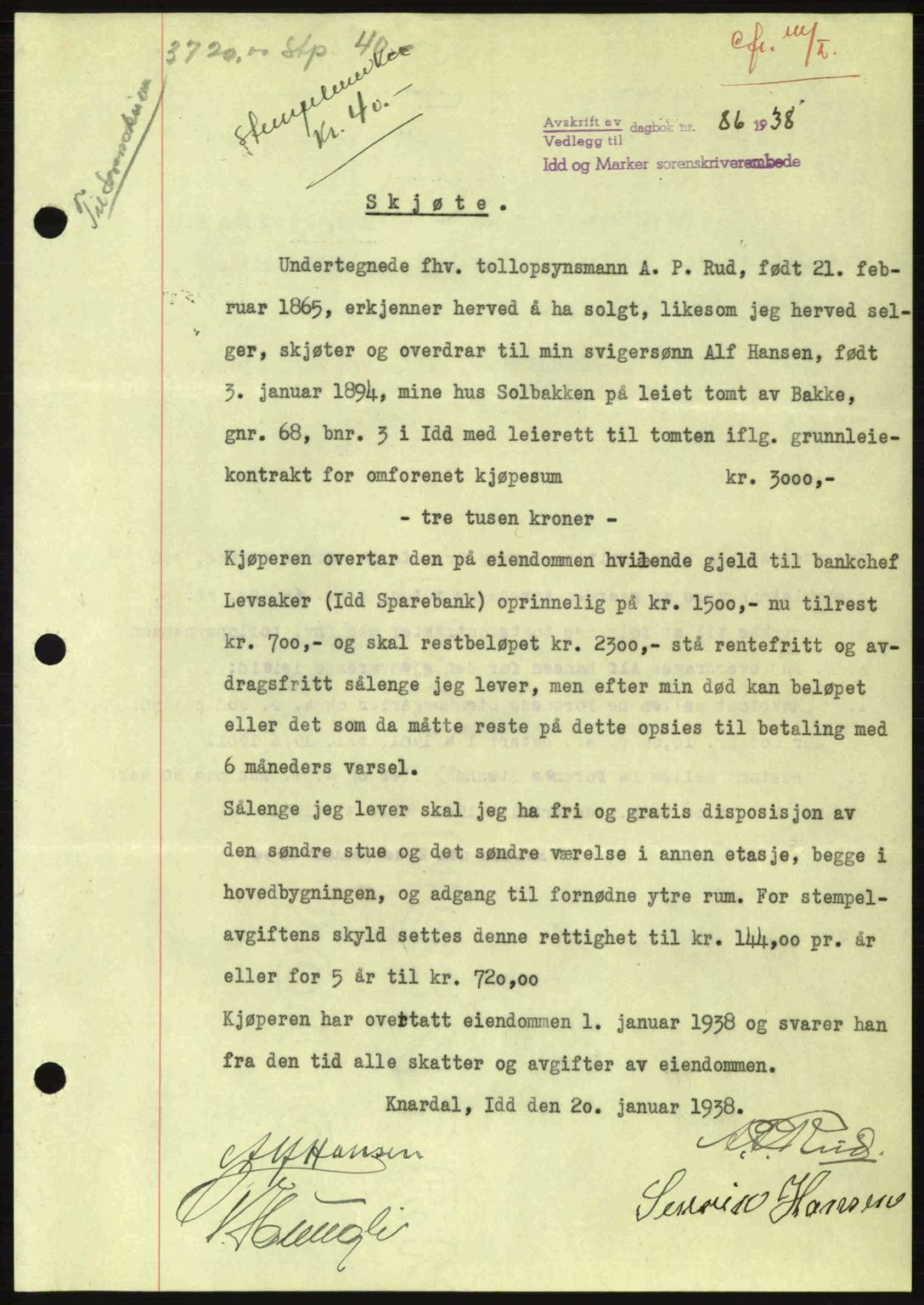 Idd og Marker sorenskriveri, AV/SAO-A-10283/G/Gb/Gbb/L0002: Mortgage book no. A2, 1937-1938, Diary no: : 86/1938