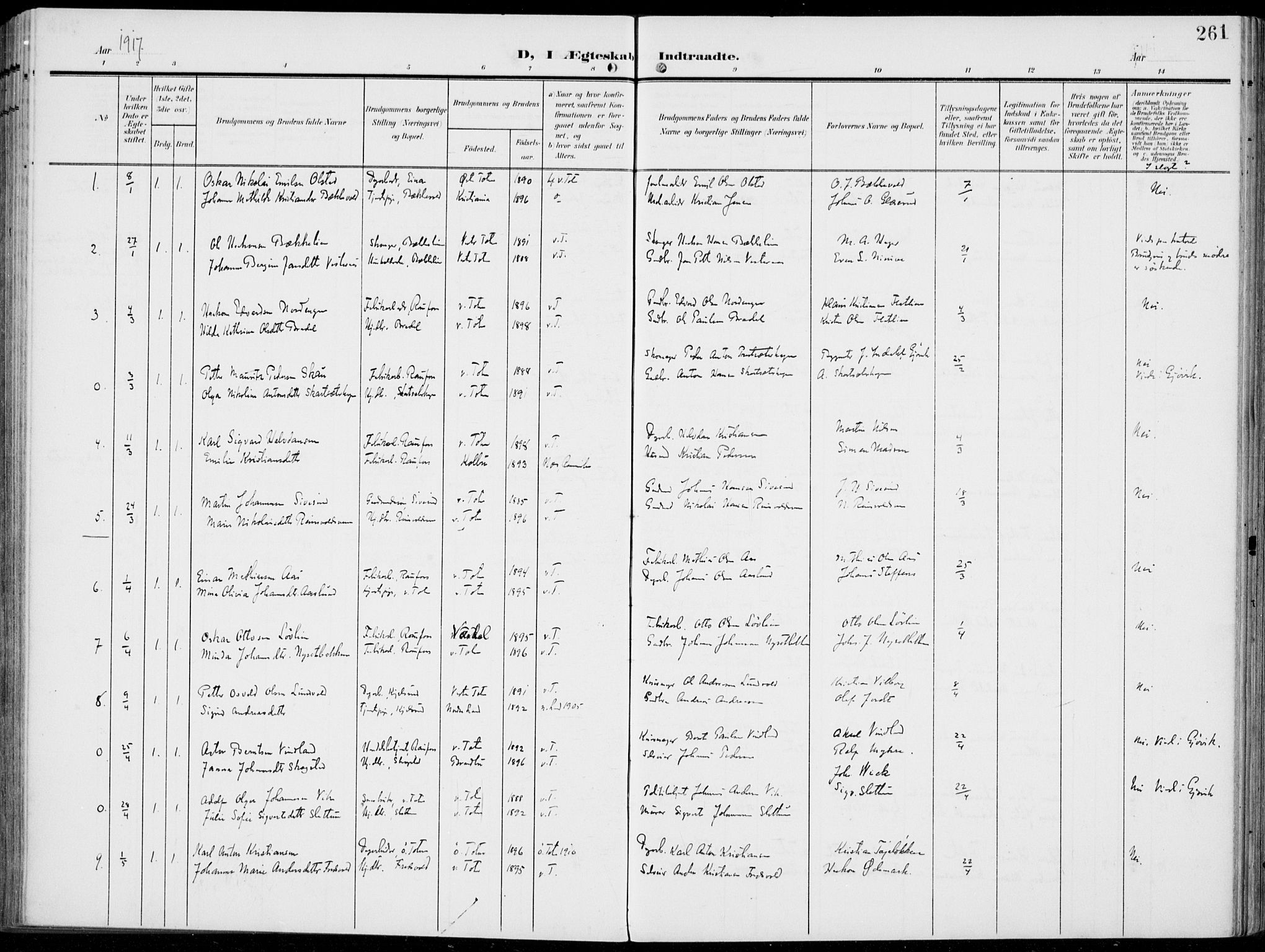 Vestre Toten prestekontor, SAH/PREST-108/H/Ha/Haa/L0014: Parish register (official) no. 14, 1907-1920, p. 261