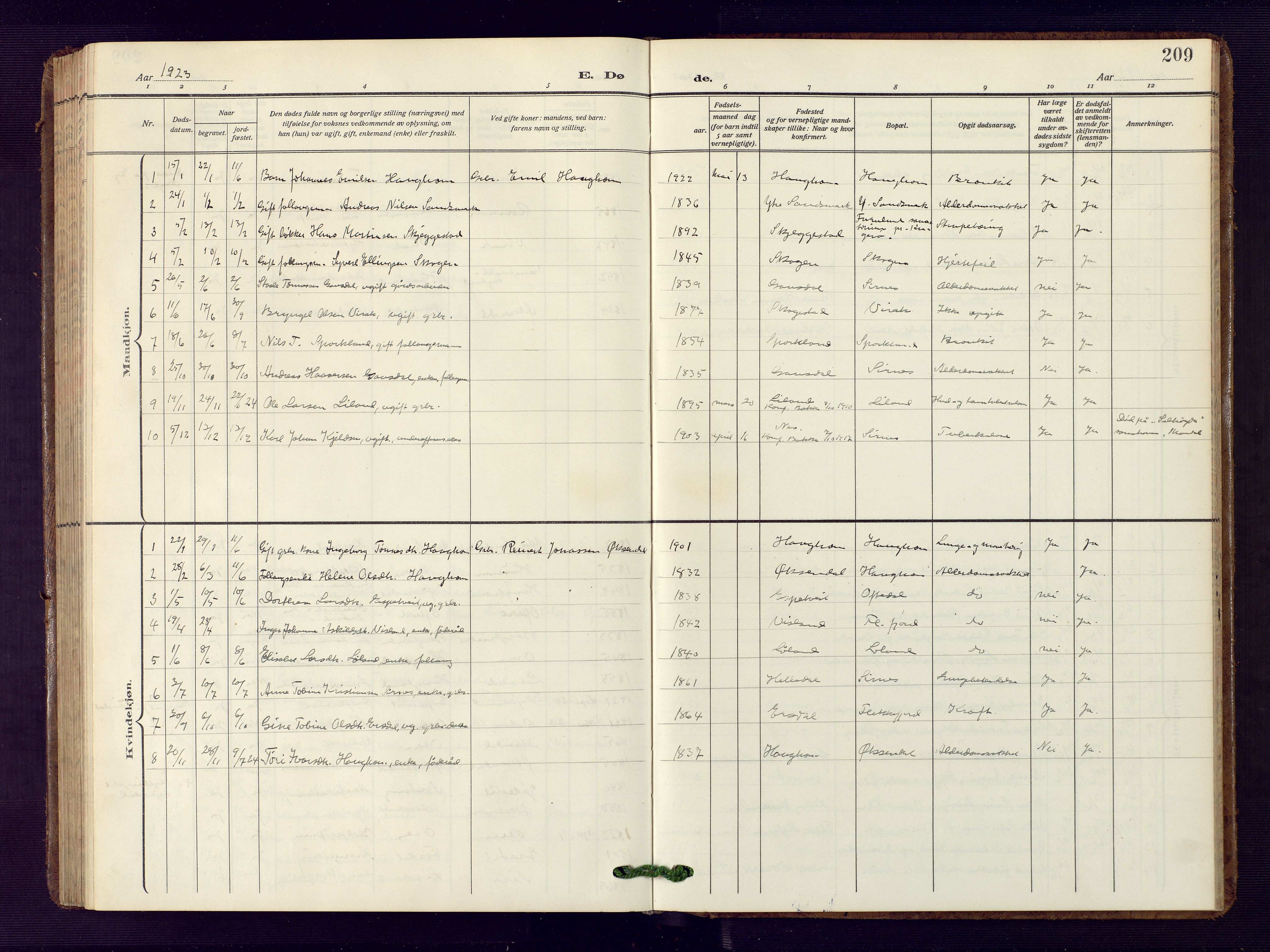 Bakke sokneprestkontor, AV/SAK-1111-0002/F/Fb/Fba/L0004: Parish register (copy) no. B 4, 1911-1946, p. 209