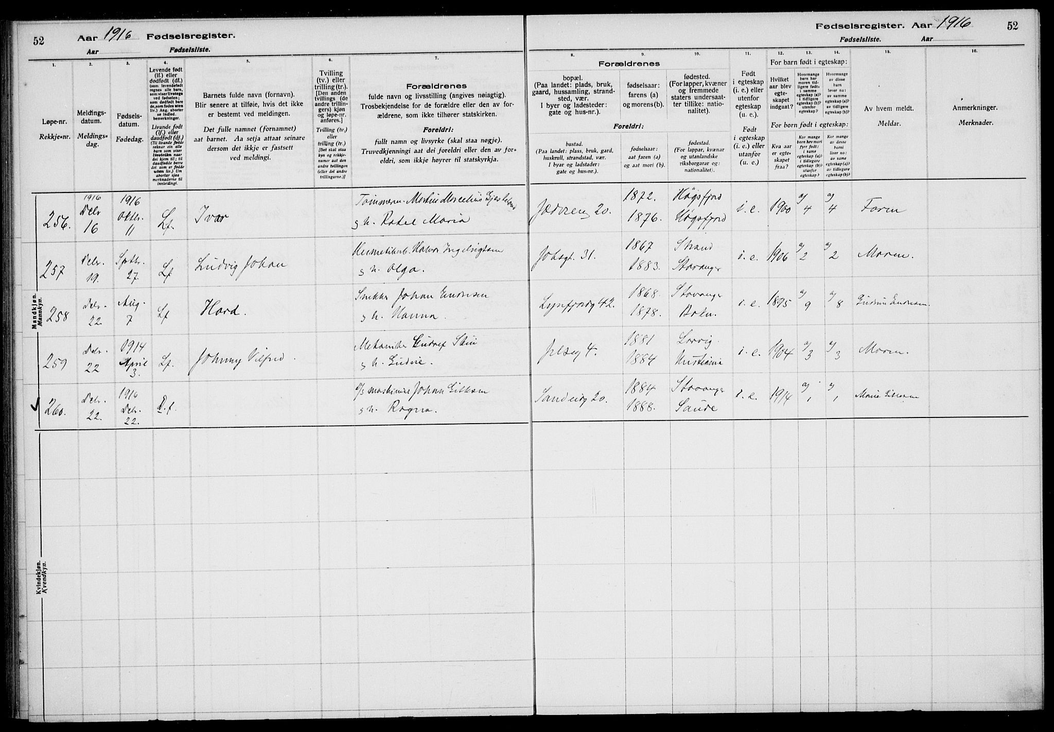 St. Johannes sokneprestkontor, AV/SAST-A-101814/002/A/L0001: Birth register no. 1, 1916-1919, p. 52