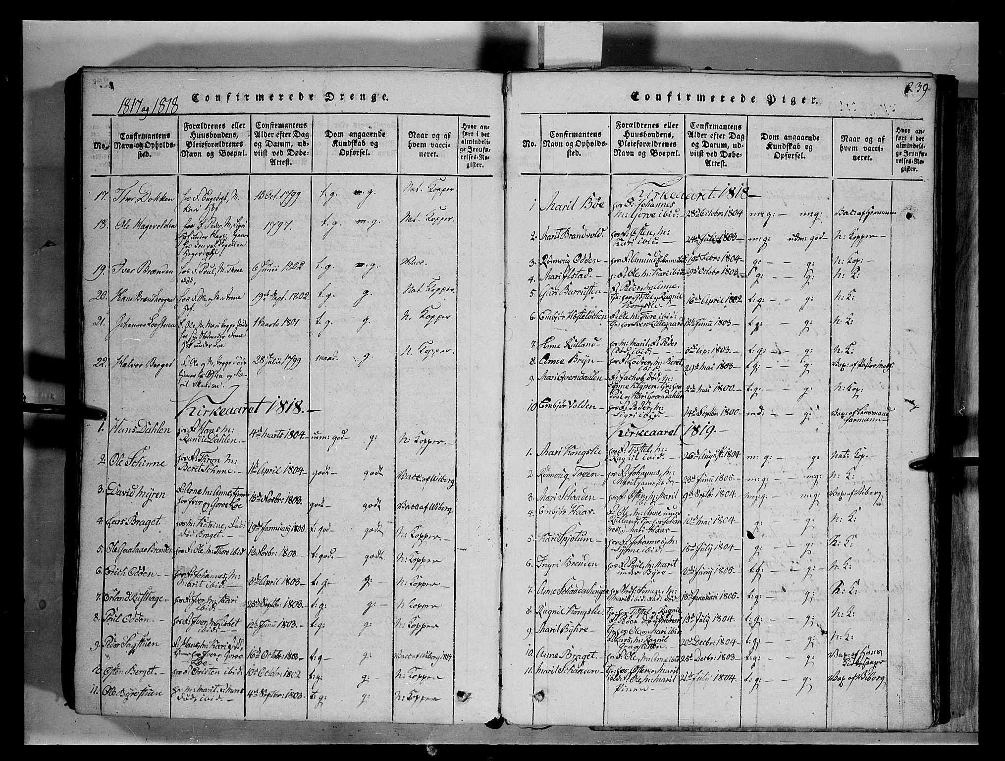 Fron prestekontor, SAH/PREST-078/H/Ha/Hab/L0004: Parish register (copy) no. 4, 1816-1850, p. 239