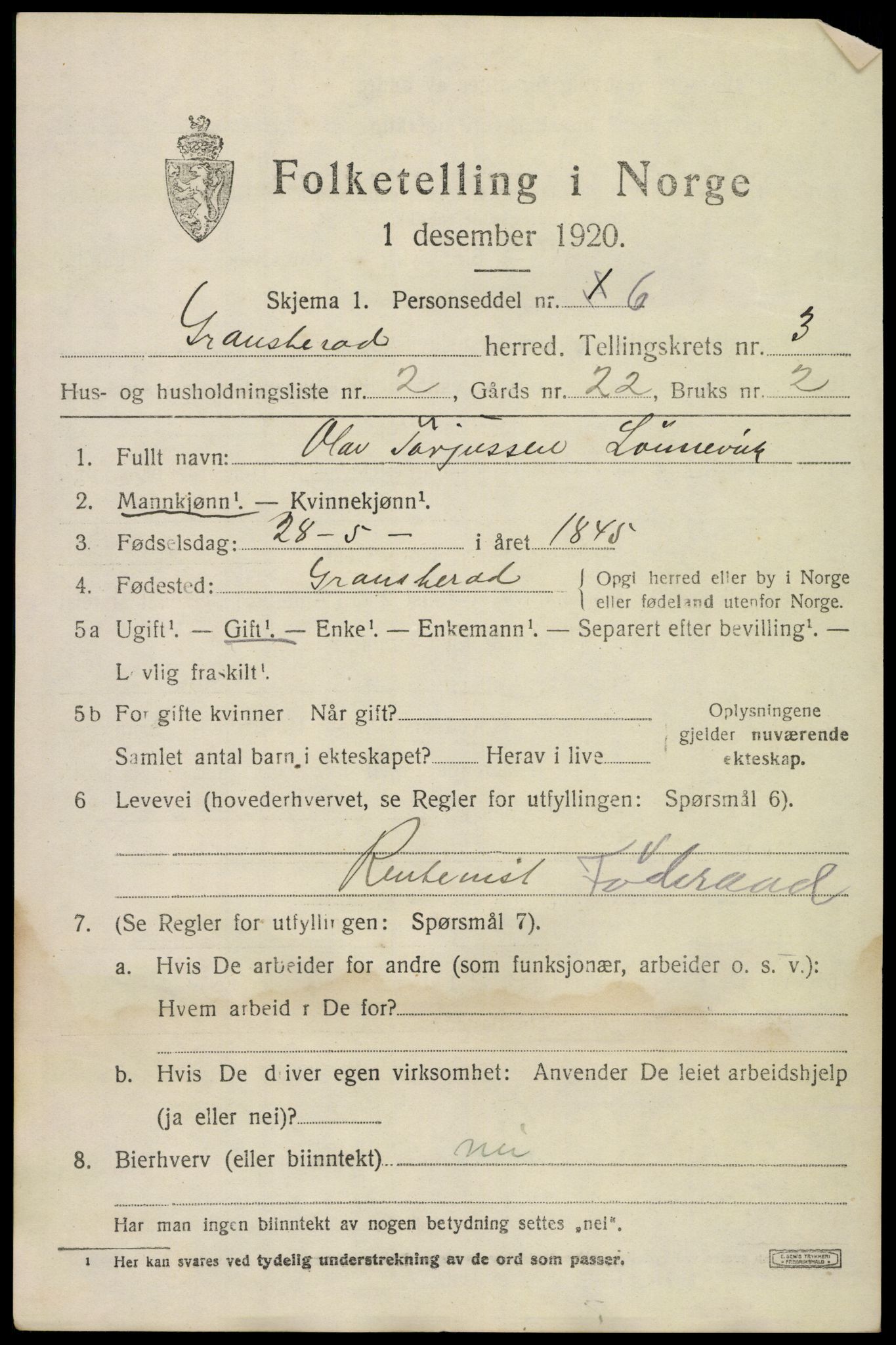 SAKO, 1920 census for Gransherad, 1920, p. 1422