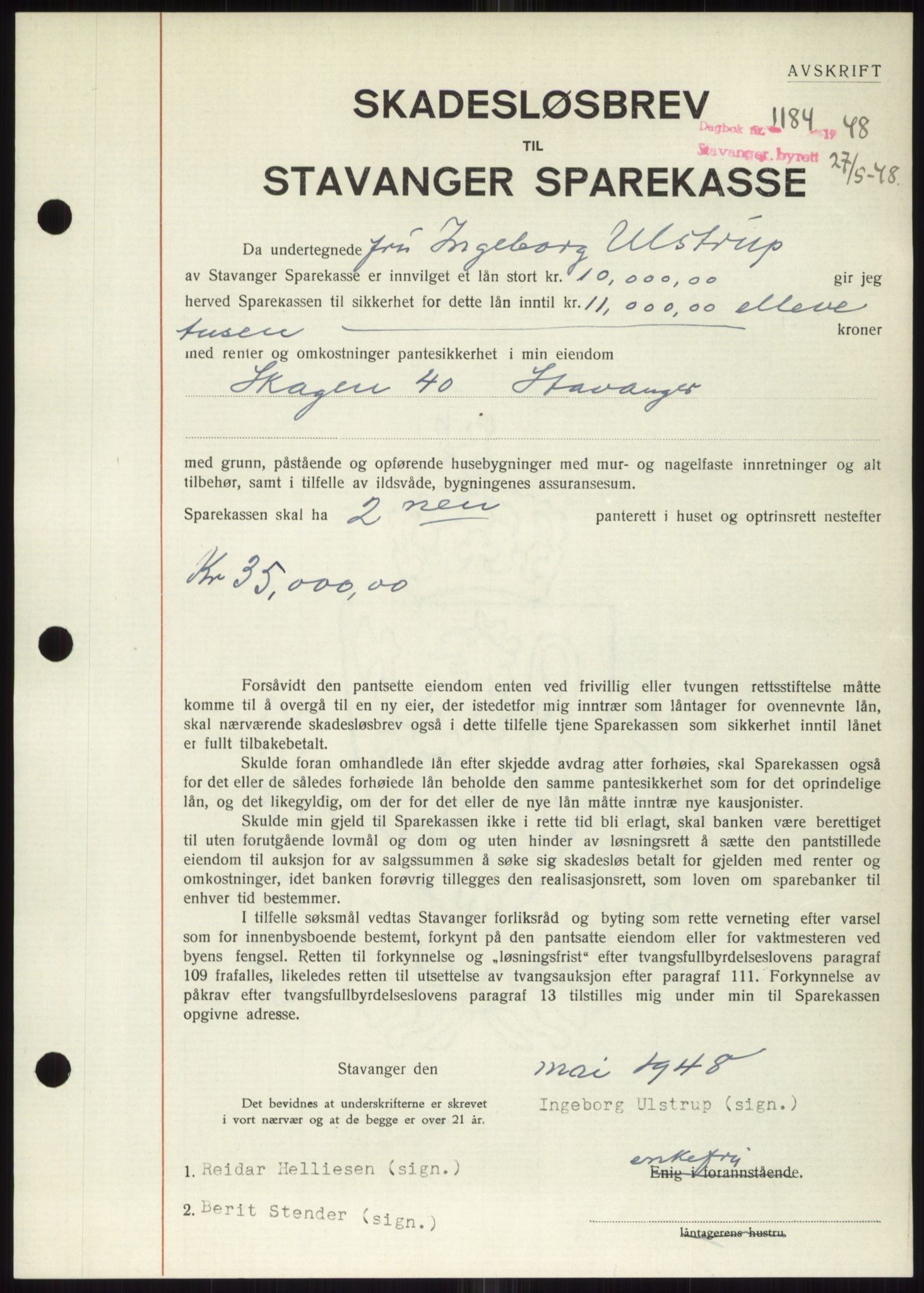 Stavanger byrett, SAST/A-100455/002/G/Gb/L0032: Mortgage book, 1947-1950, Diary no: : 1184/1948