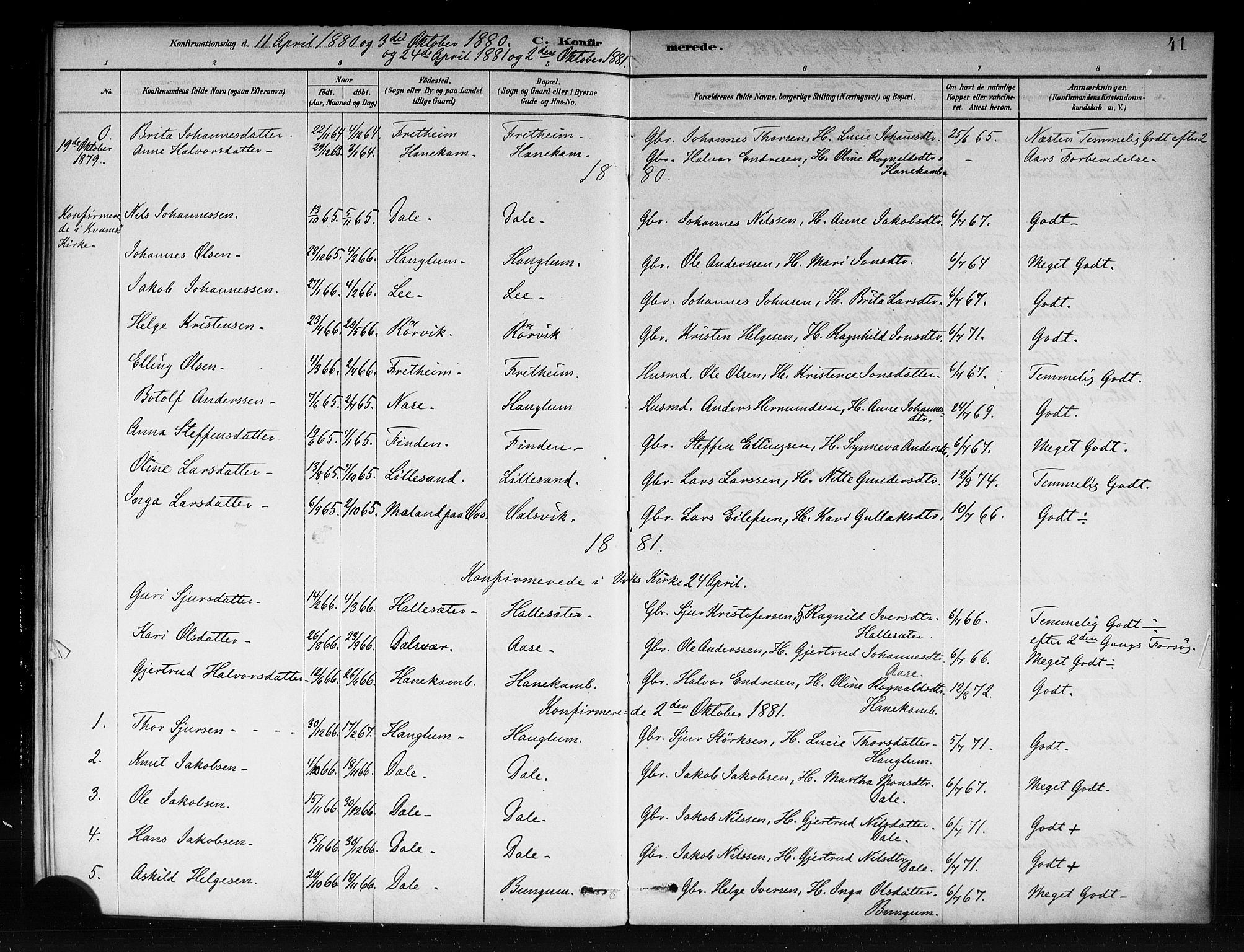 Vik sokneprestembete, AV/SAB-A-81501/H/Haa/Haac/L0001: Parish register (official) no. C 1, 1878-1890, p. 41