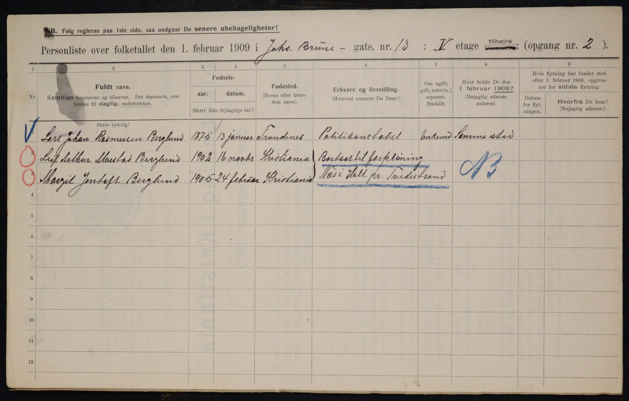 OBA, Municipal Census 1909 for Kristiania, 1909, p. 43053