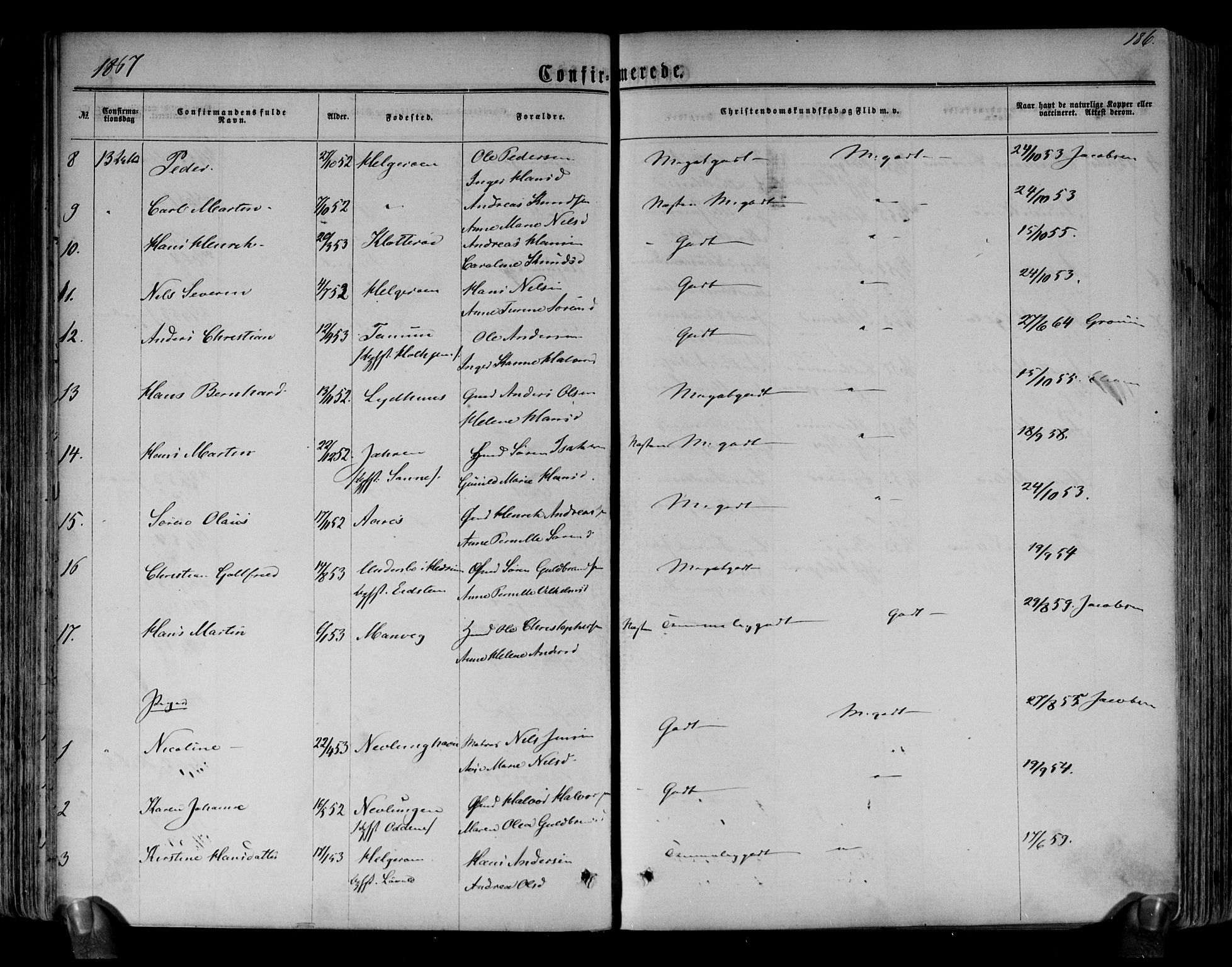 Brunlanes kirkebøker, AV/SAKO-A-342/F/Fa/L0005: Parish register (official) no. I 5, 1862-1877, p. 186