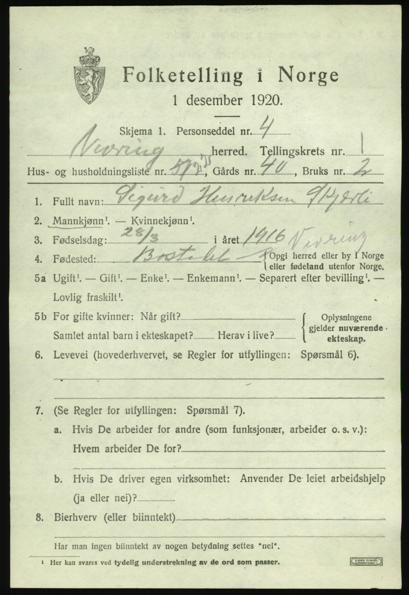 SAB, 1920 census for Vevring, 1920, p. 668