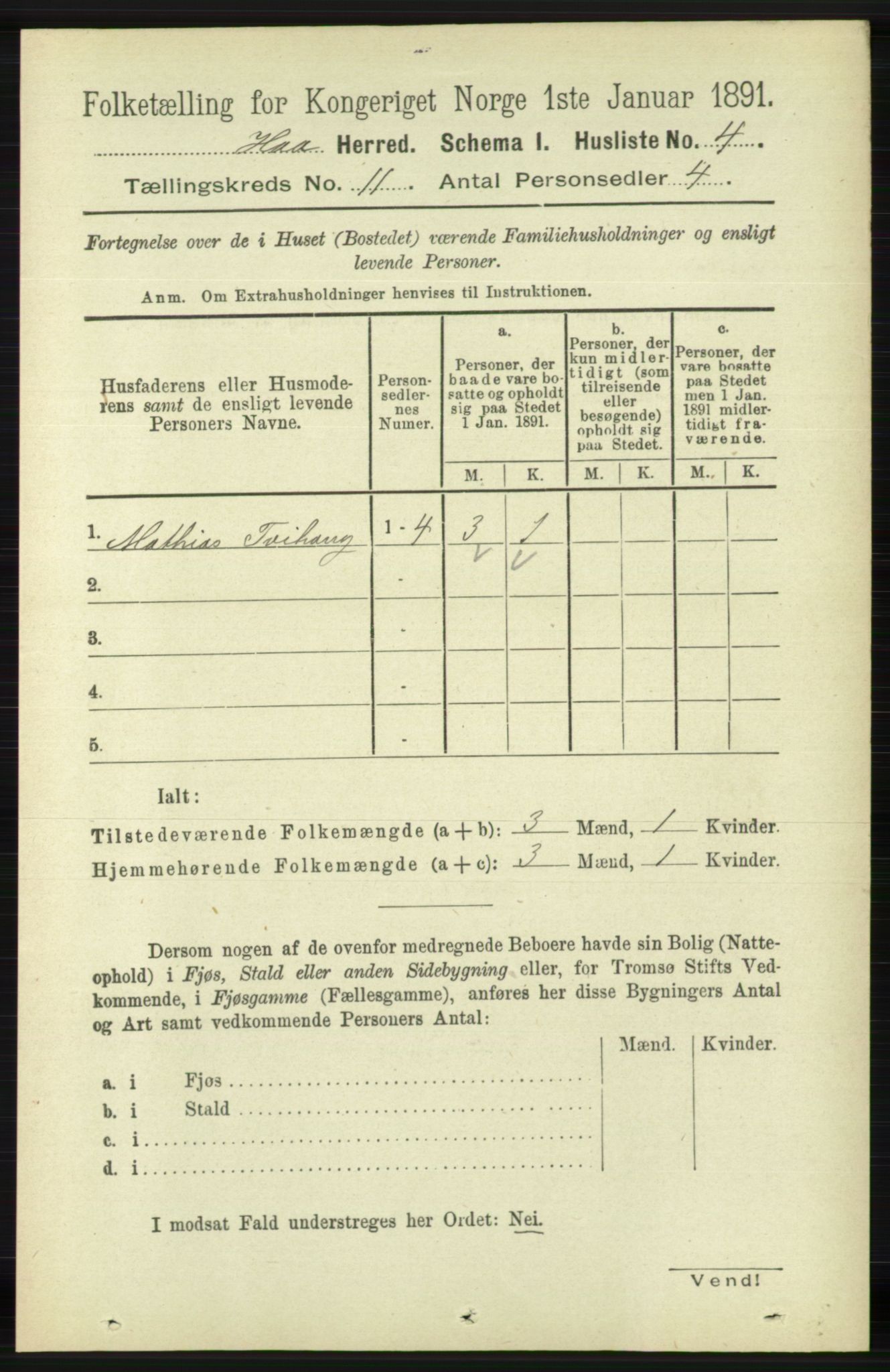 RA, 1891 census for 1119 Hå, 1891, p. 2597