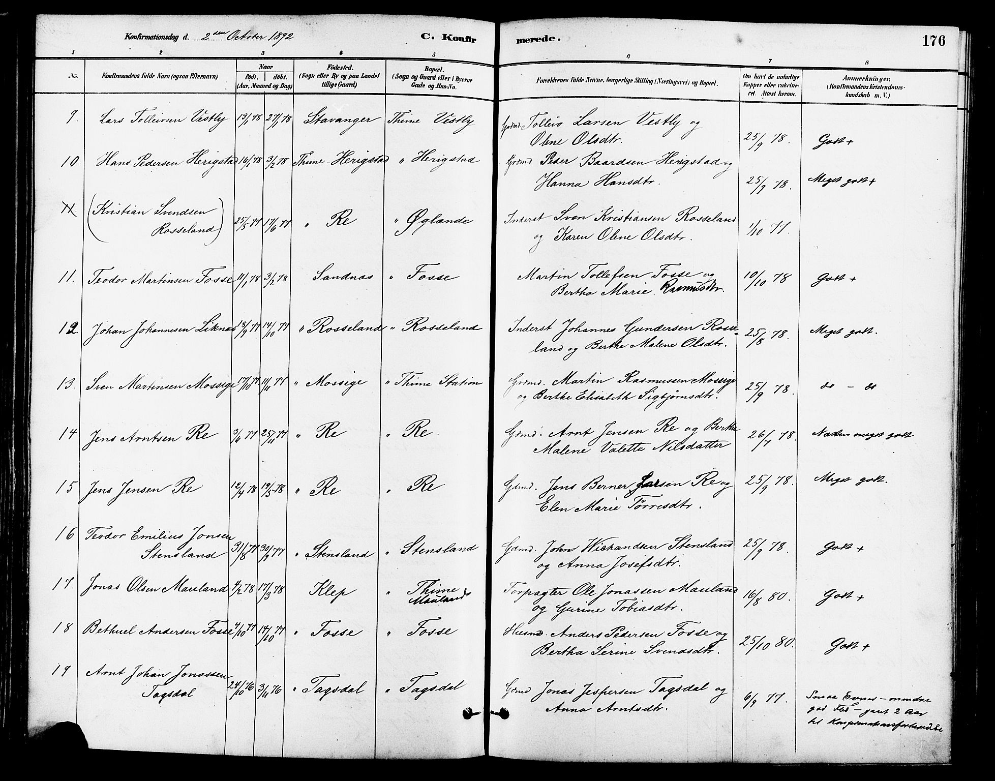 Lye sokneprestkontor, AV/SAST-A-101794/001/30BA/L0009: Parish register (official) no. A 8, 1881-1892, p. 176