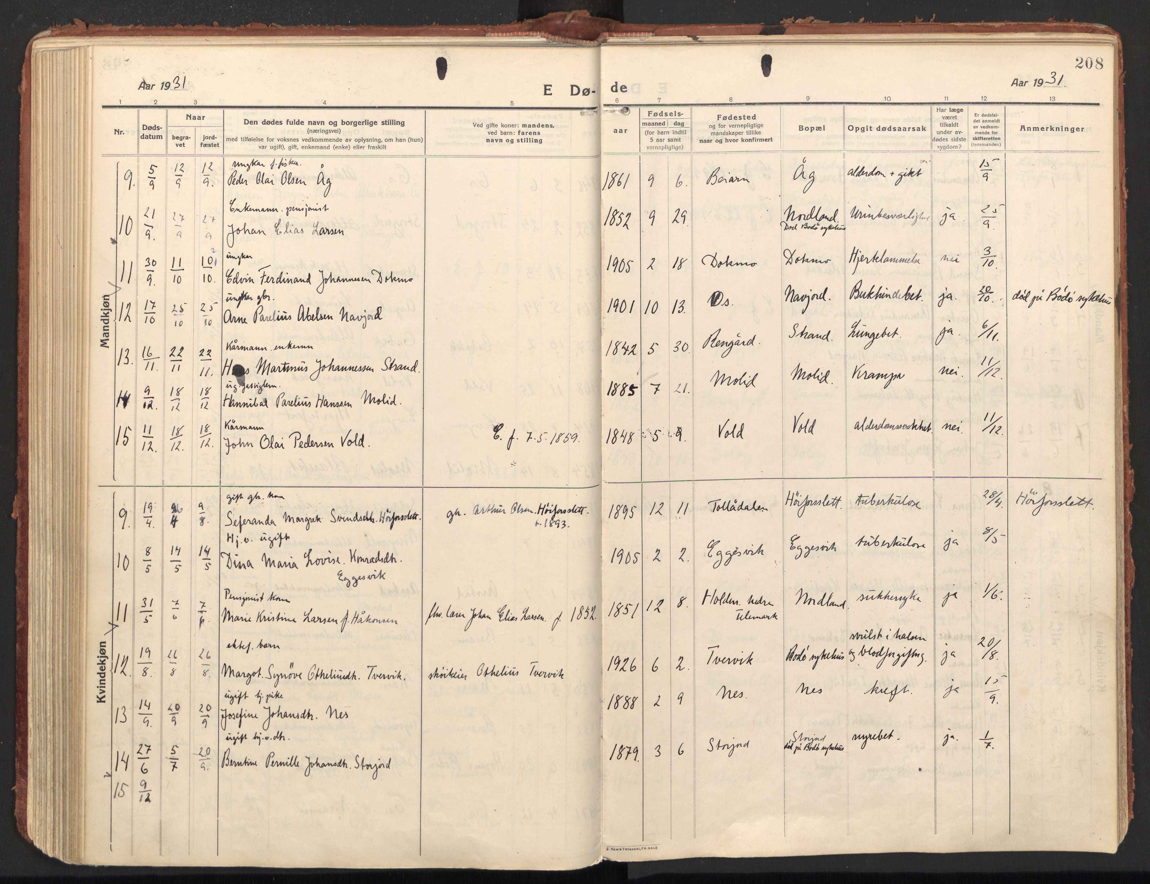 Ministerialprotokoller, klokkerbøker og fødselsregistre - Nordland, AV/SAT-A-1459/846/L0650: Parish register (official) no. 846A08, 1916-1935, p. 208