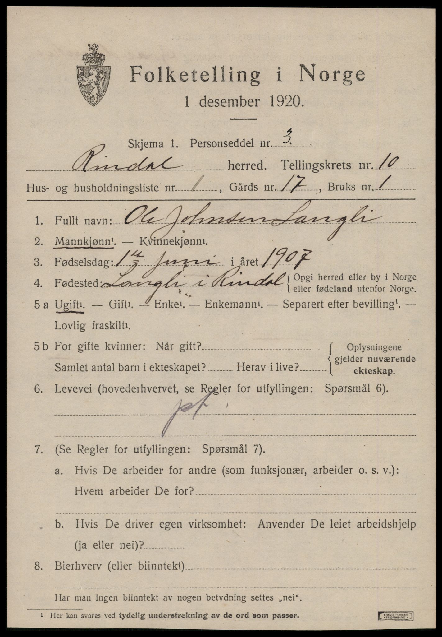 SAT, 1920 census for Rindal, 1920, p. 5156