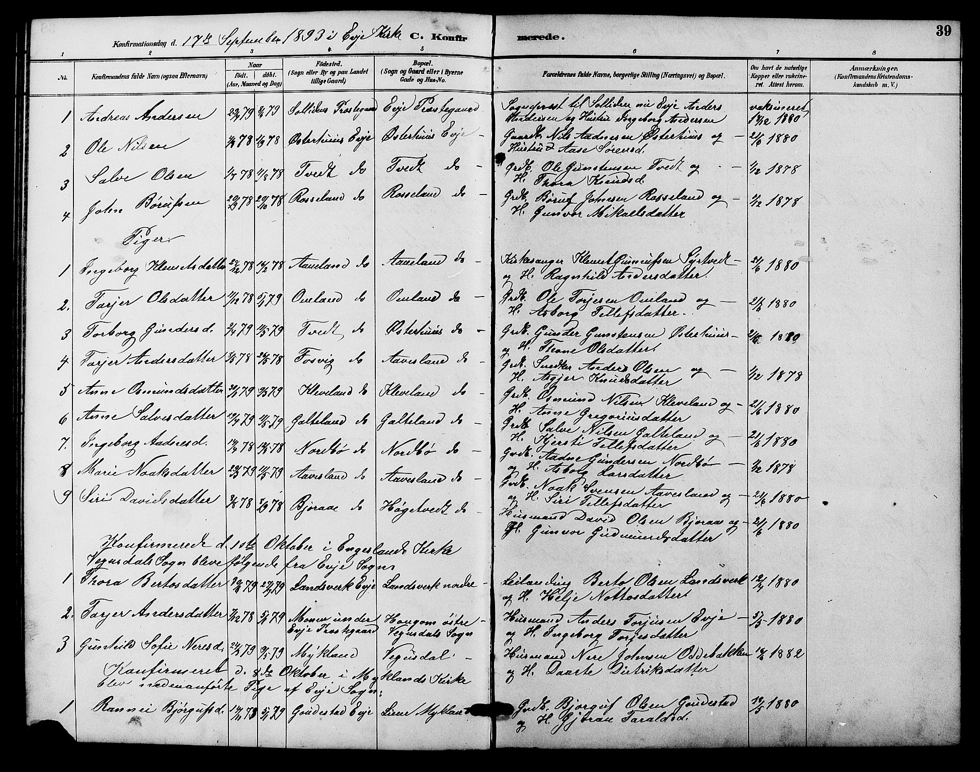 Evje sokneprestkontor, AV/SAK-1111-0008/F/Fb/Fba/L0003: Parish register (copy) no. B 3, 1888-1903, p. 39